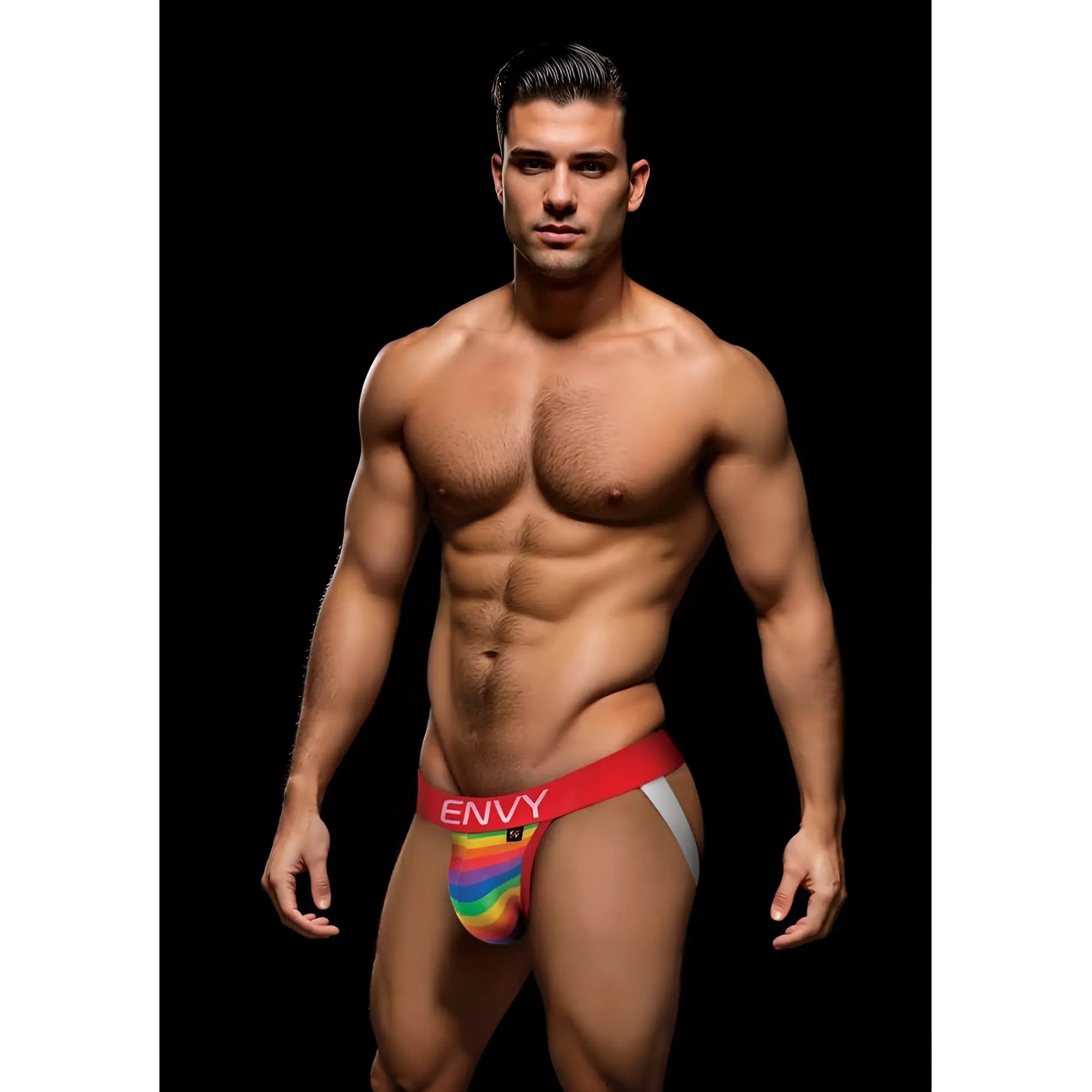 Envy rainbow pride jock briefs in red with rainbow stripes and white side panel for s m size