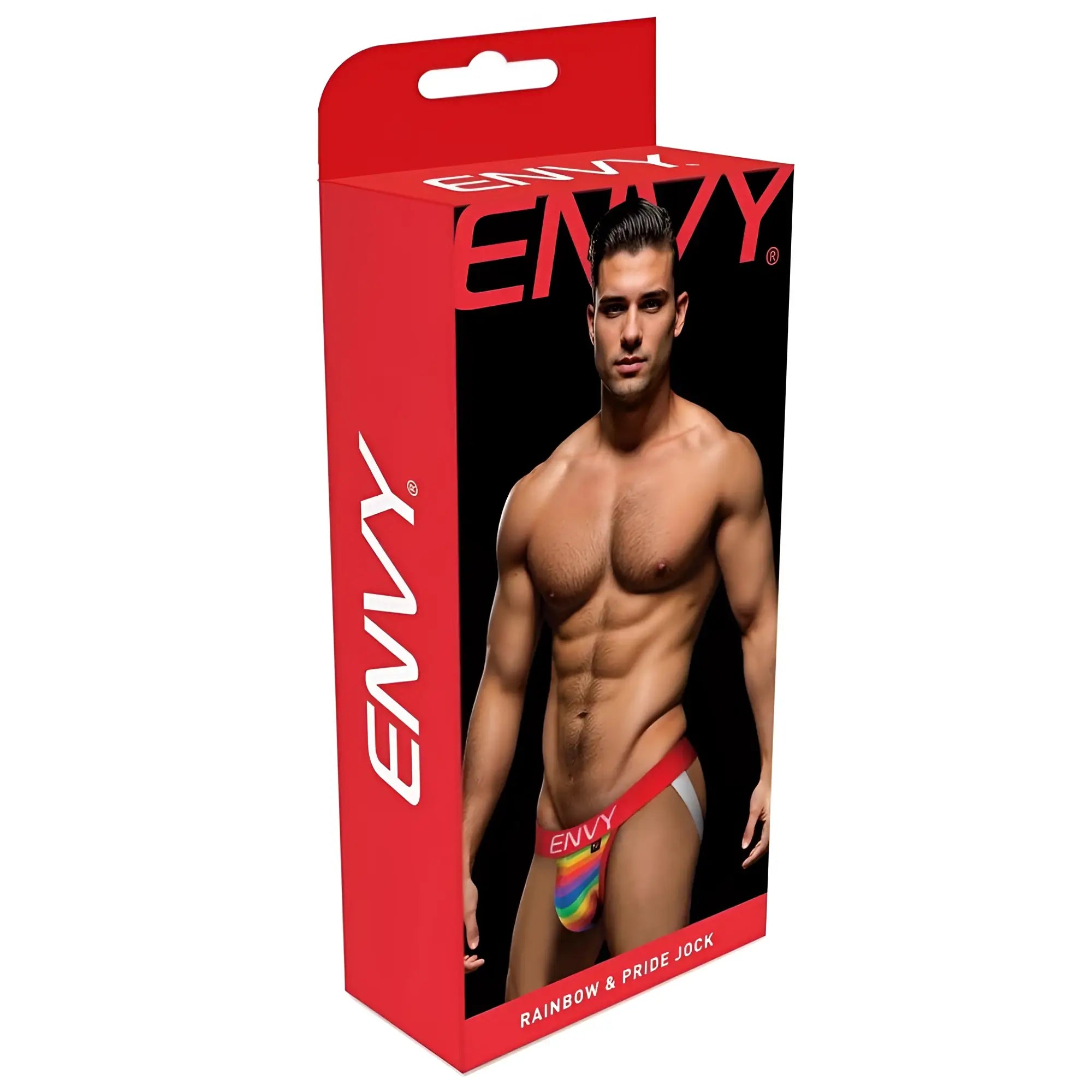 Envy rainbow pride jock red xl packaging featuring red and white branding with rainbow-colored pride jock displayed