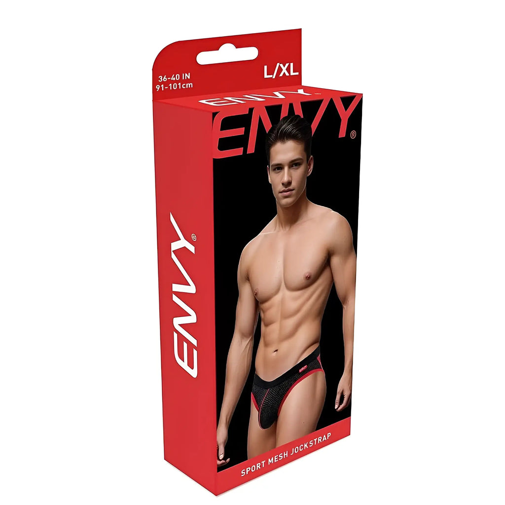 Red and black envy sport mesh jockstrap in branded box showing breathable mesh design in size S/M