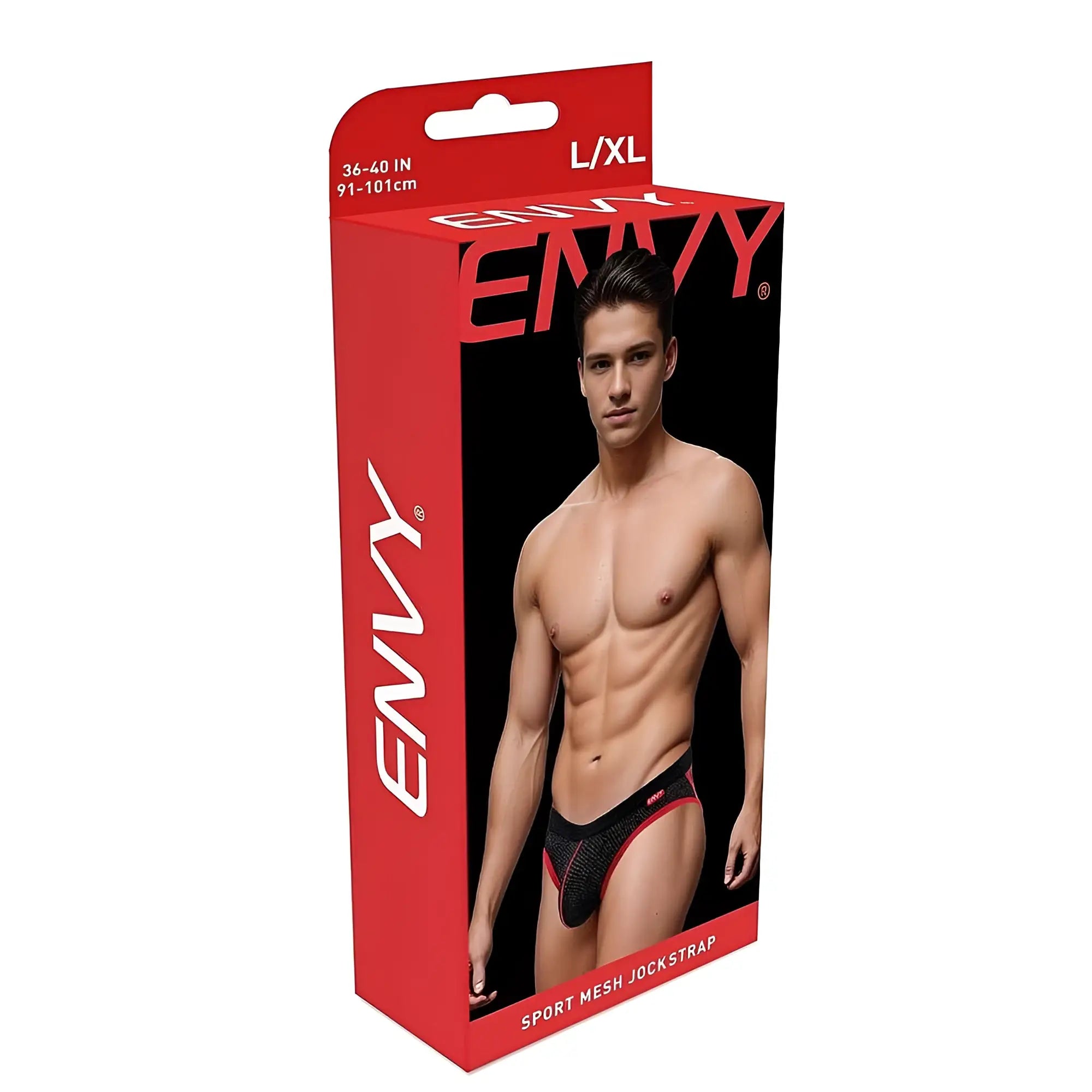 Red and black envy sport mesh jockstrap in branded box showing breathable mesh design in size S/M