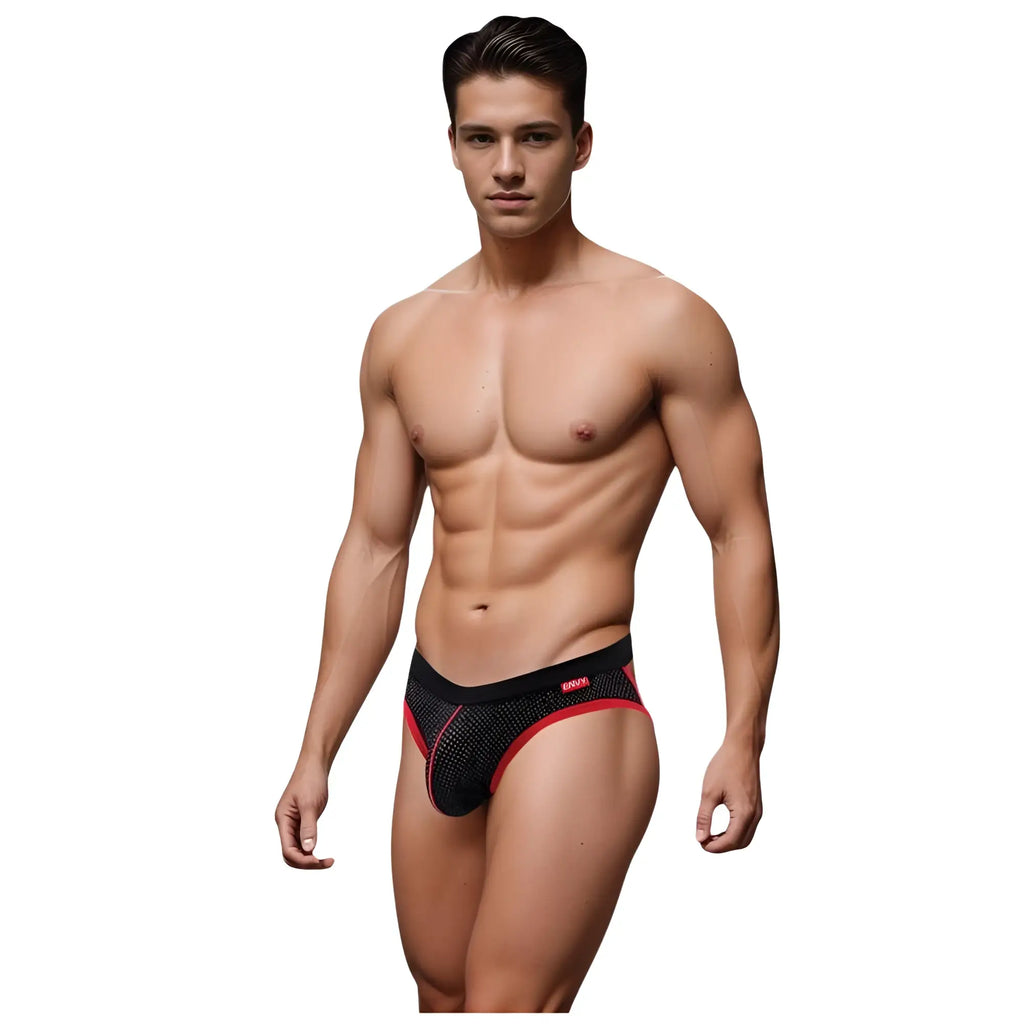 Envy Envy Sport mesh jock black S/M showing black and red mesh briefs with a sleek form-fitting design