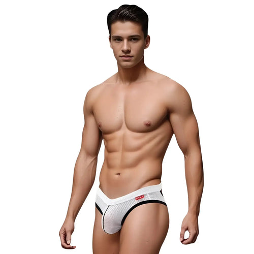 Envy sport mesh jock white lxl white mesh briefs with black trim and red Envy brand logo front view