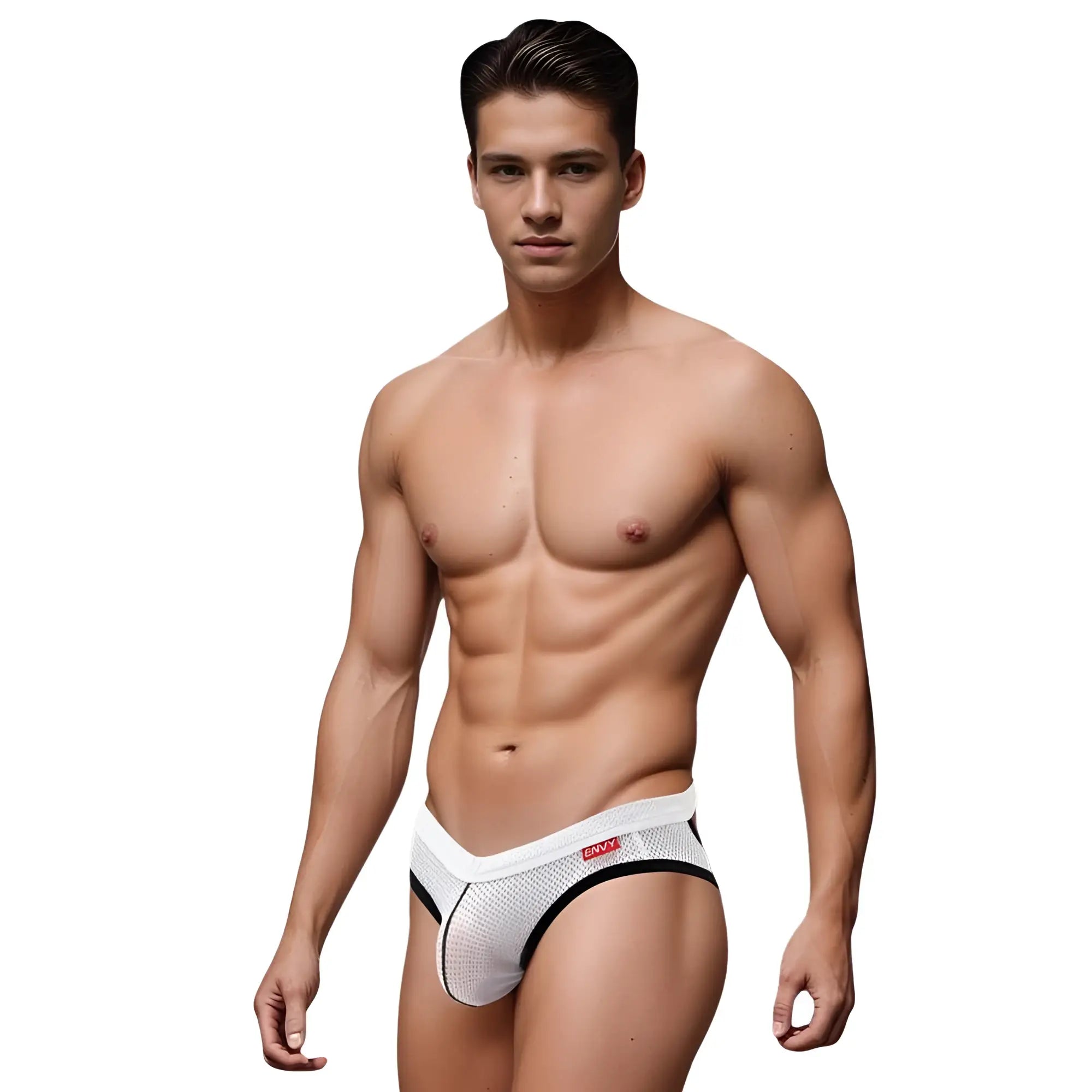 Envy Envy Sport mesh jock briefs in white with black trim and red brand logo for s m size