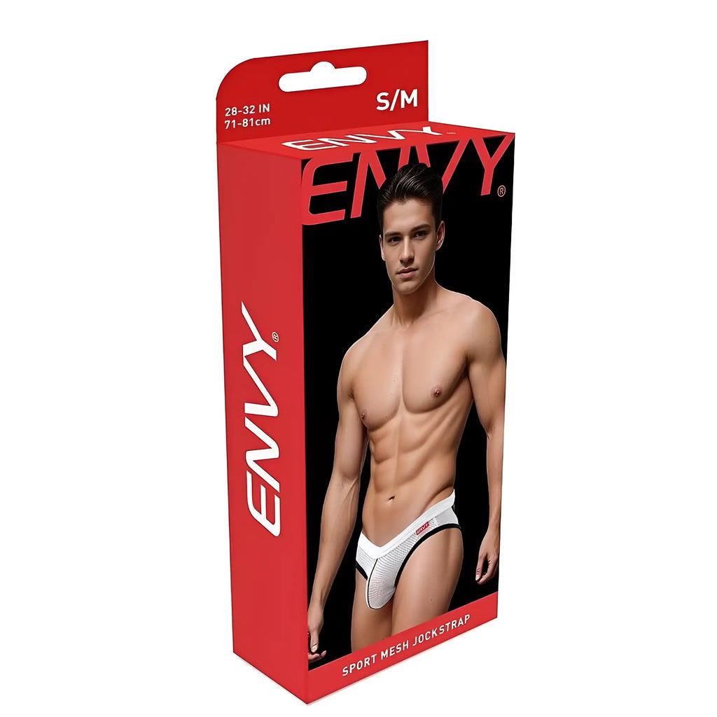 Red and black envy sport mesh jockstrap packaging with model wearing white mesh envy sport mesh jockstrap s/m