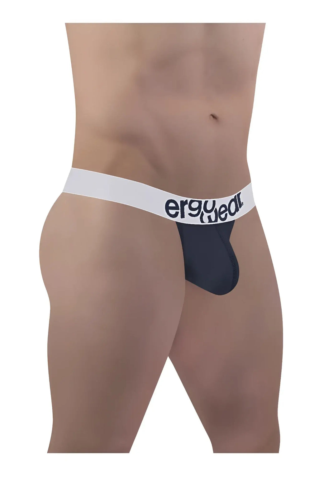 Black ergonomic brief with white elastic waistband featuring ergo wear branding in navy blue max cotton material