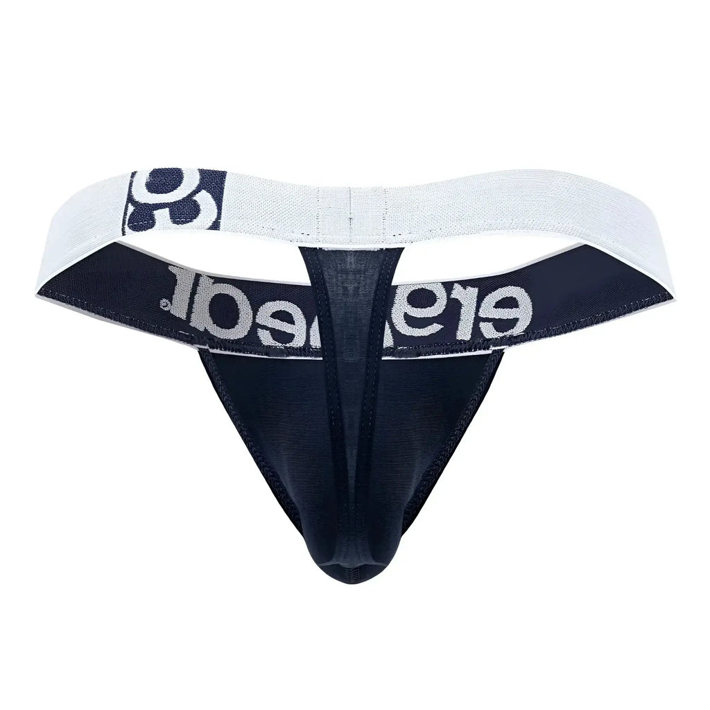Black and white ergoWear ew1470 max cotton thong with textured fabric and elegant silver lettering on navy blue waistband