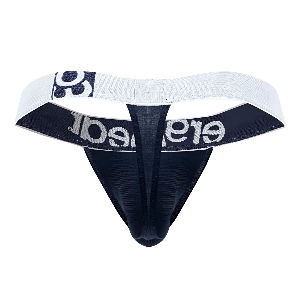 Black and white ergoWear ew1470 max cotton thong with textured fabric and elegant silver lettering on navy blue waistband