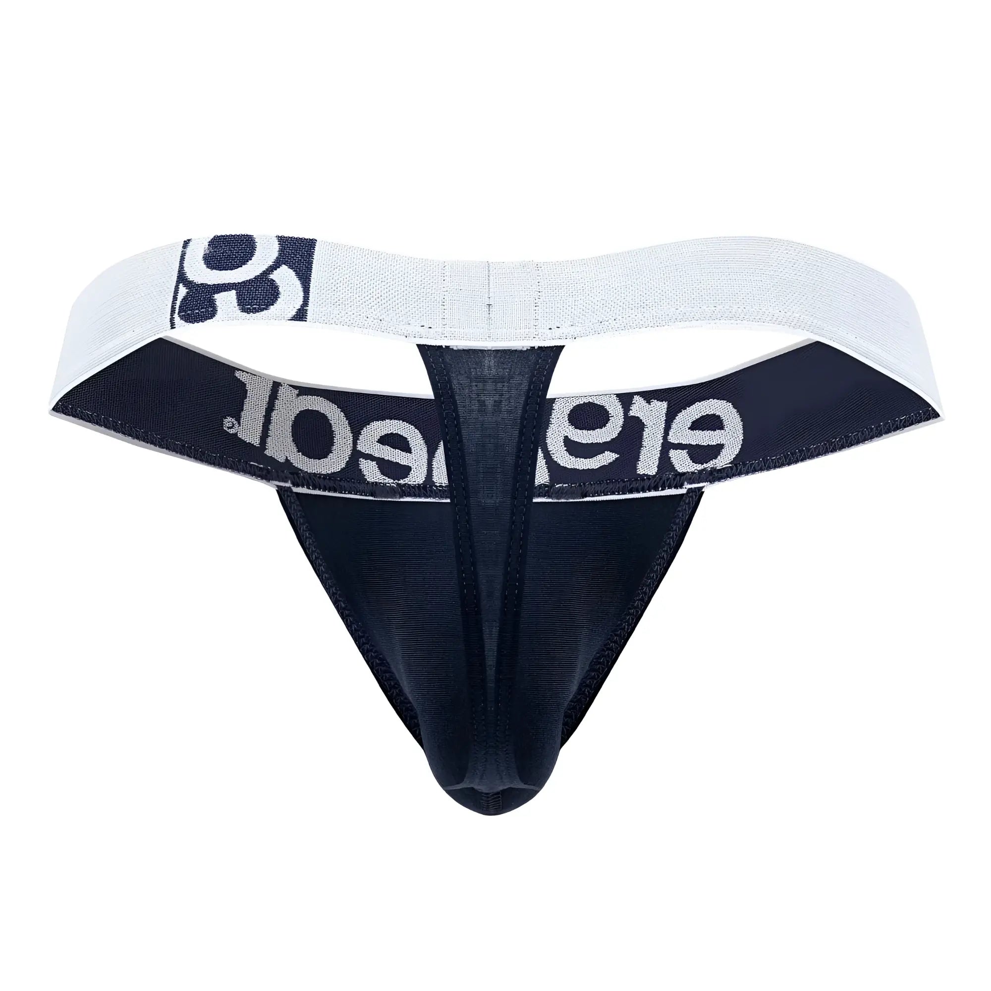 Black and white ergoWear ew1470 max cotton thong with textured fabric and elegant silver lettering on navy blue waistband