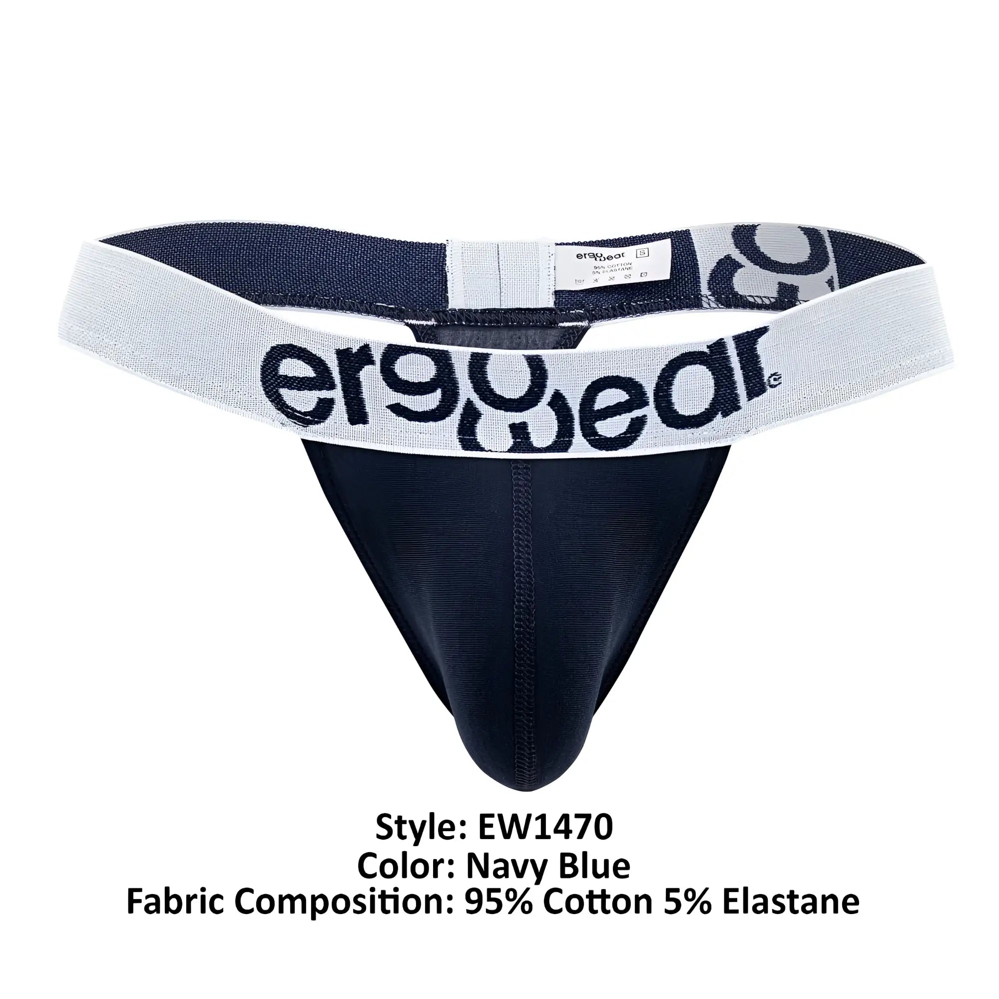 Navy blue ergonomic cotton thong with white elastic waistband and ergowear logo in black lettering front view