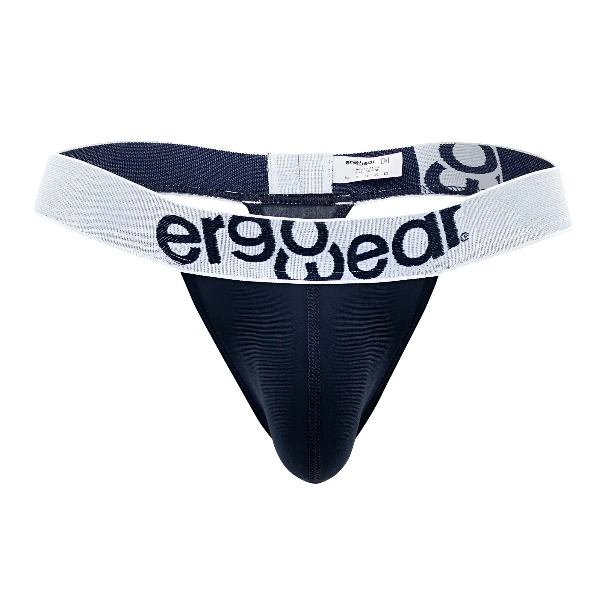 Navy blue ergonomic thong with white elastic waistband featuring ergowear logo made of cotton for comfortable wear