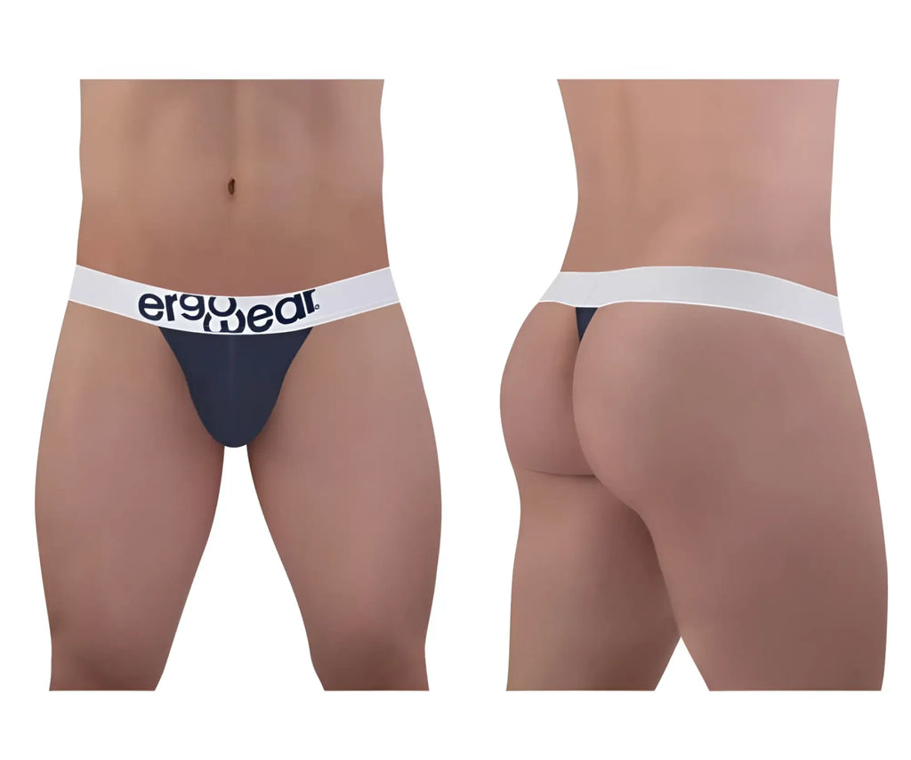 Navy blue ergo wear ew1470 max cotton thong with white waistband and black logo on front for comfortable daily wear