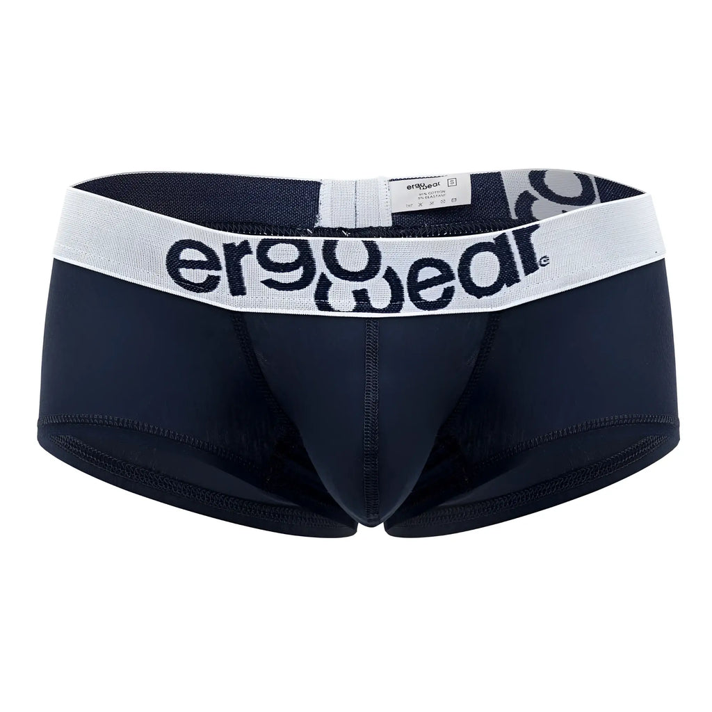 Black ergoWear ergonomic briefs with white waistband featuring ergowear logo in navy blue cotton trunks design