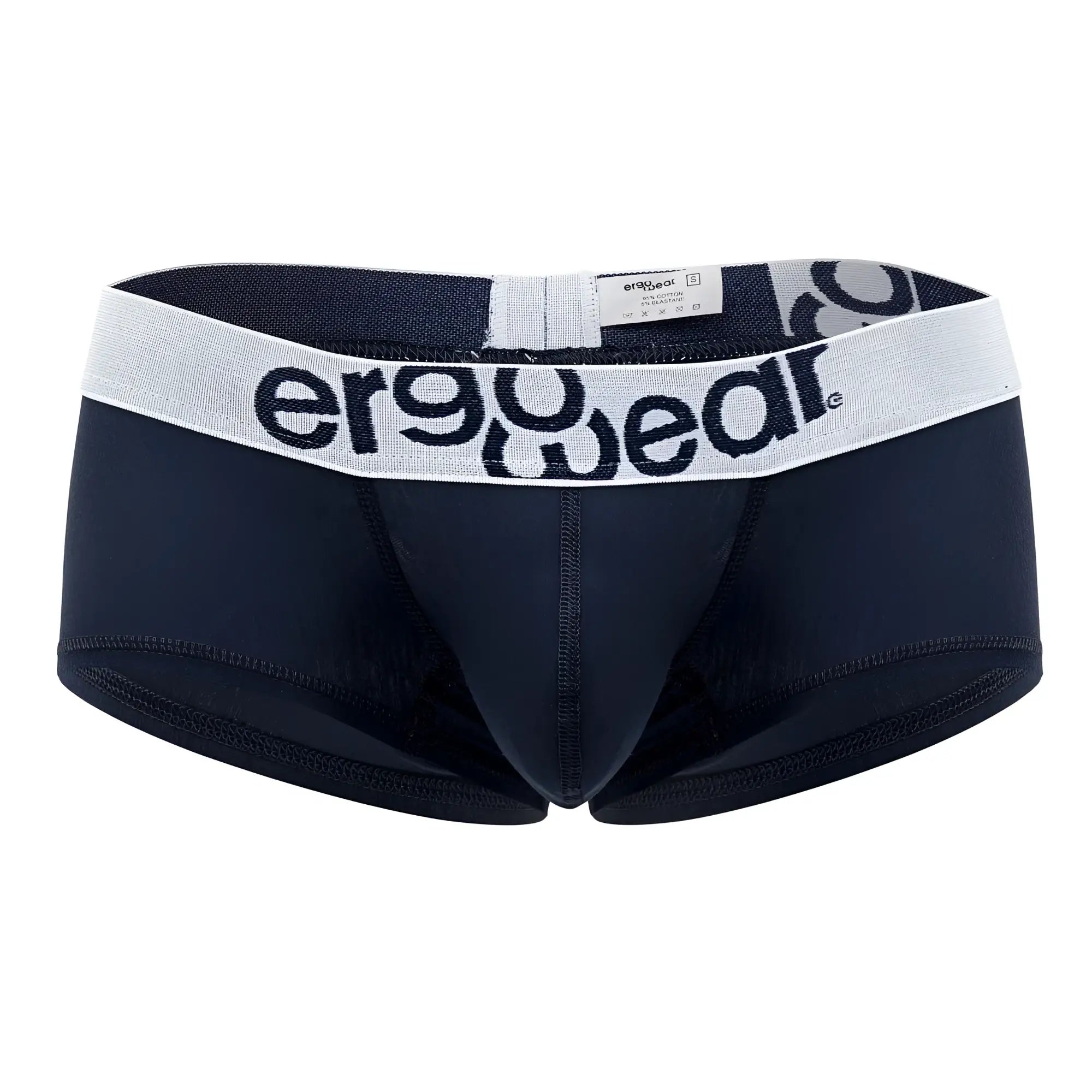 Black ergoWear ergonomic briefs with white waistband featuring ergowear logo in navy blue cotton trunks design