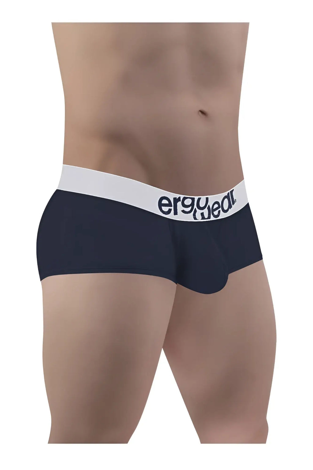 Navy blue ergonomic briefs with a white waistband featuring the ergo wear logo in black text made of max cotton