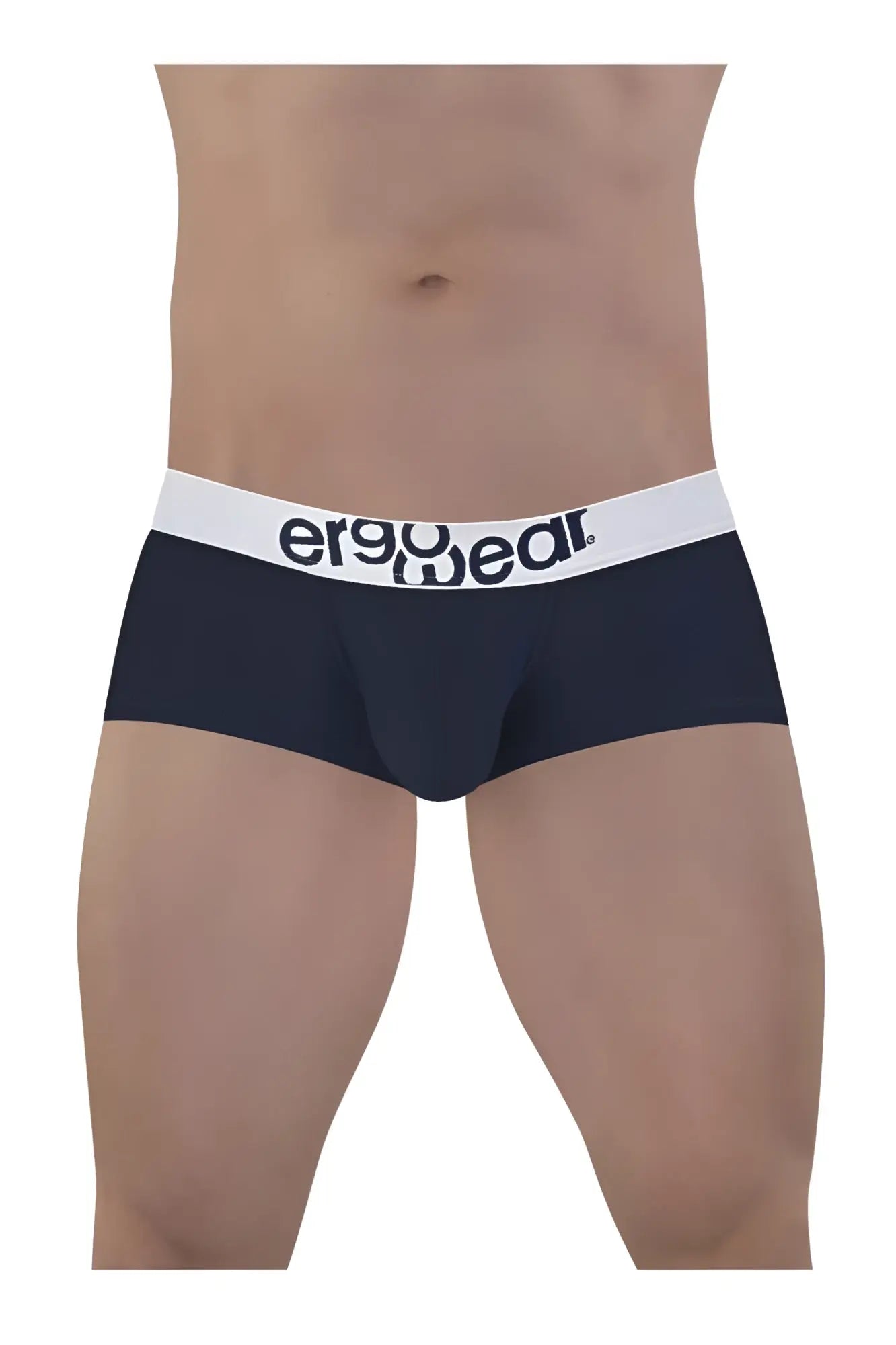 Navy blue men’s ErgoWear EW1472 MAX COTTON trunks with white elastic waistband and black logo text