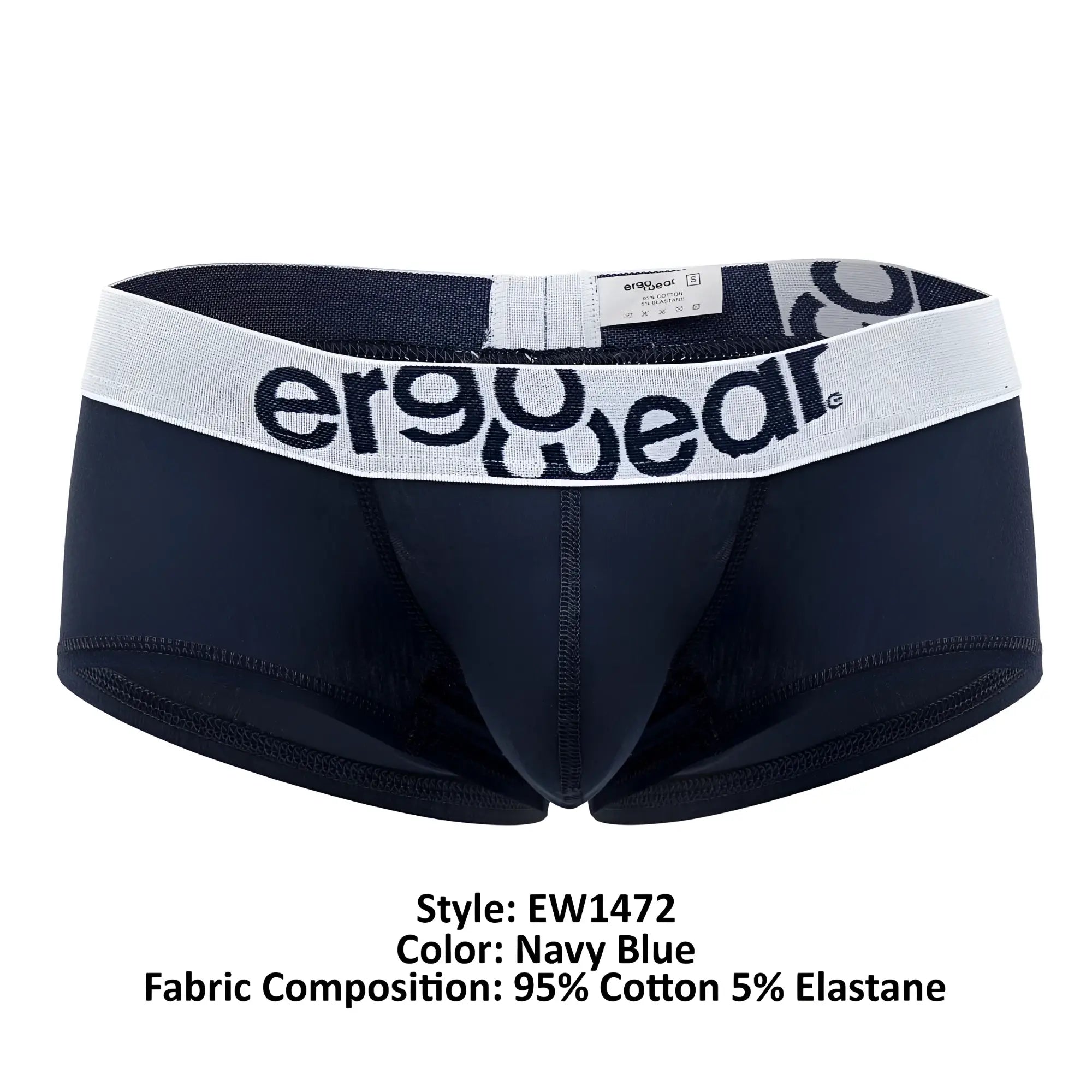 Navy blue men’s cotton briefs with white elastic waistband featuring ergowear logo for comfortable everyday wear