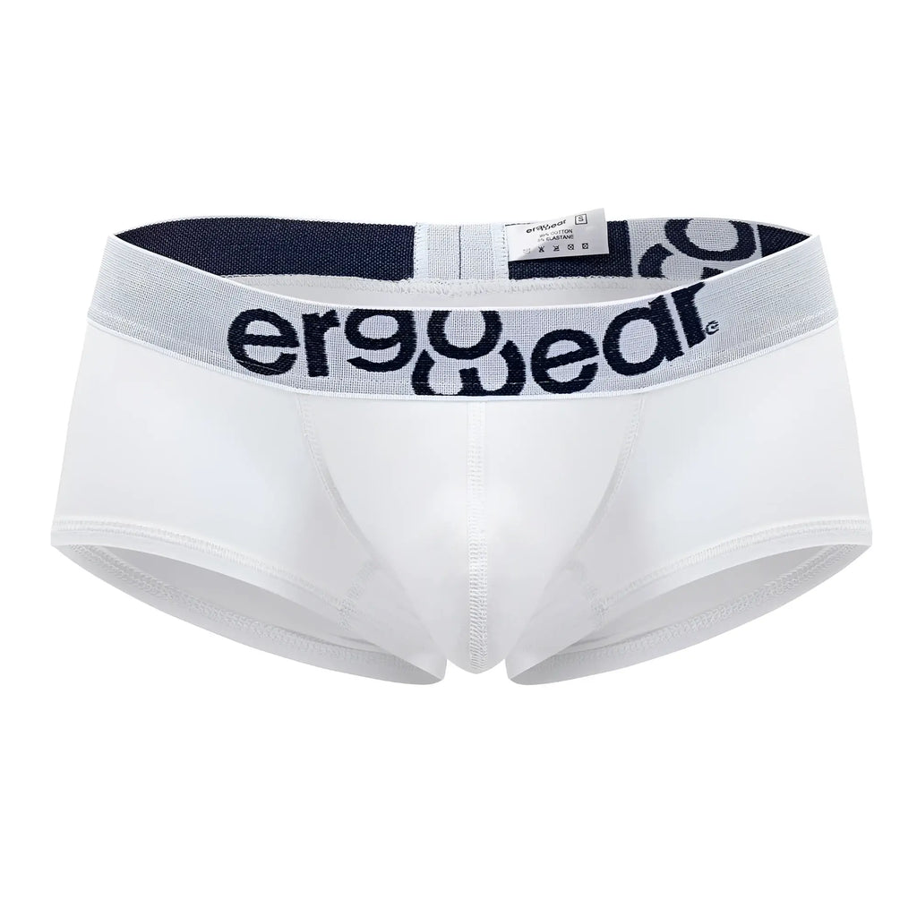 White ergonomic cotton trunks with gray waistband and ergowear logo designed for comfortable daily wear