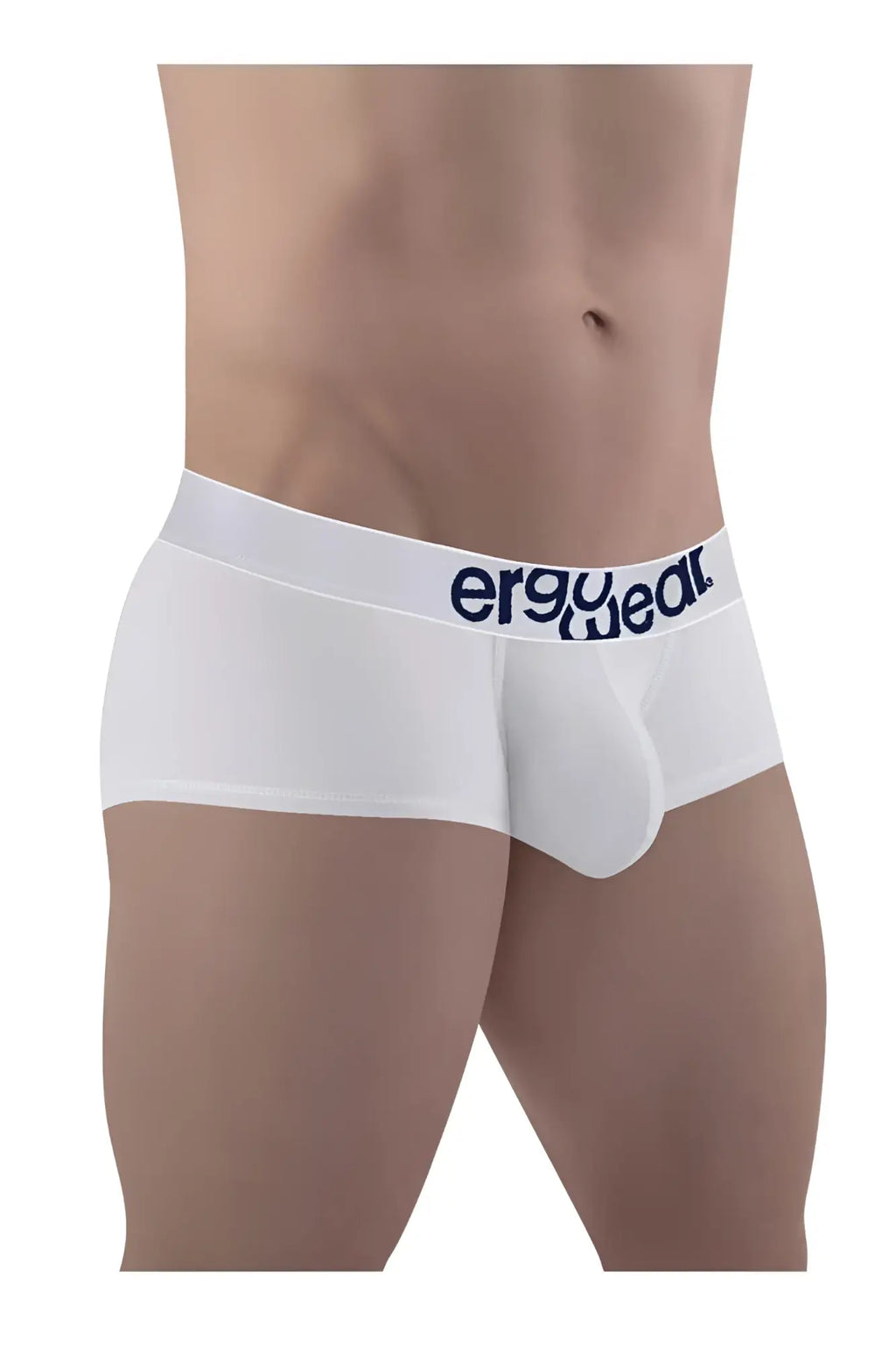 White ergonomic cotton trunks with navy blue ergo wear logo on the waistband by ErgoWear model EW1476