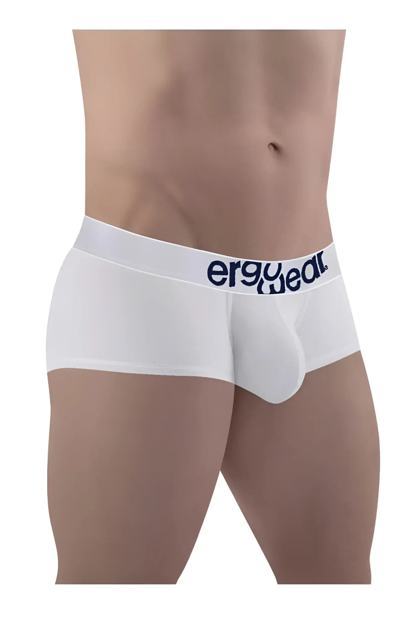 White ergonomic cotton trunks with navy blue ergo wear logo on the waistband by ErgoWear model EW1476