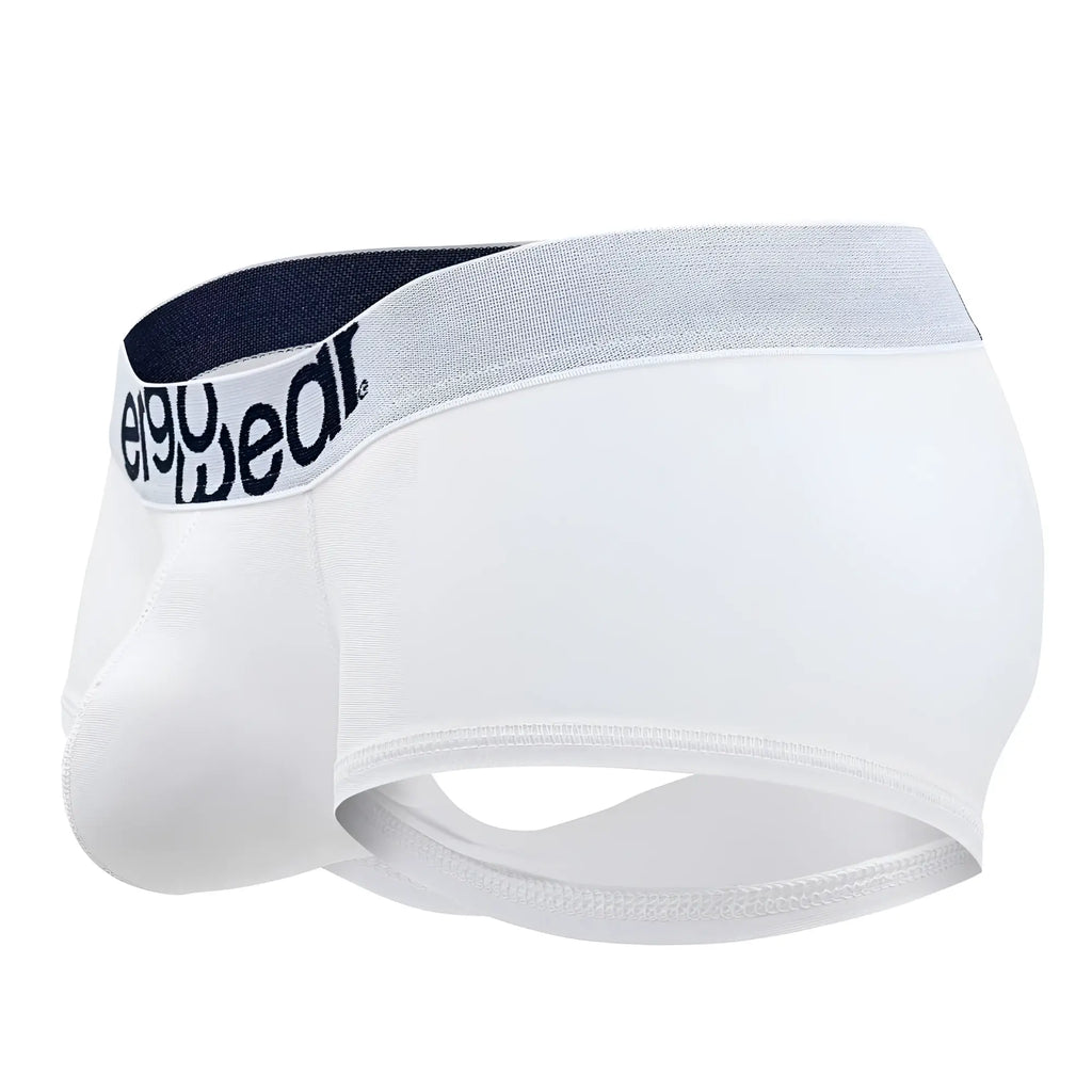 White ergoWear ew1476 max cotton trunks with gray and navy waistband featuring ego wear logo in black text