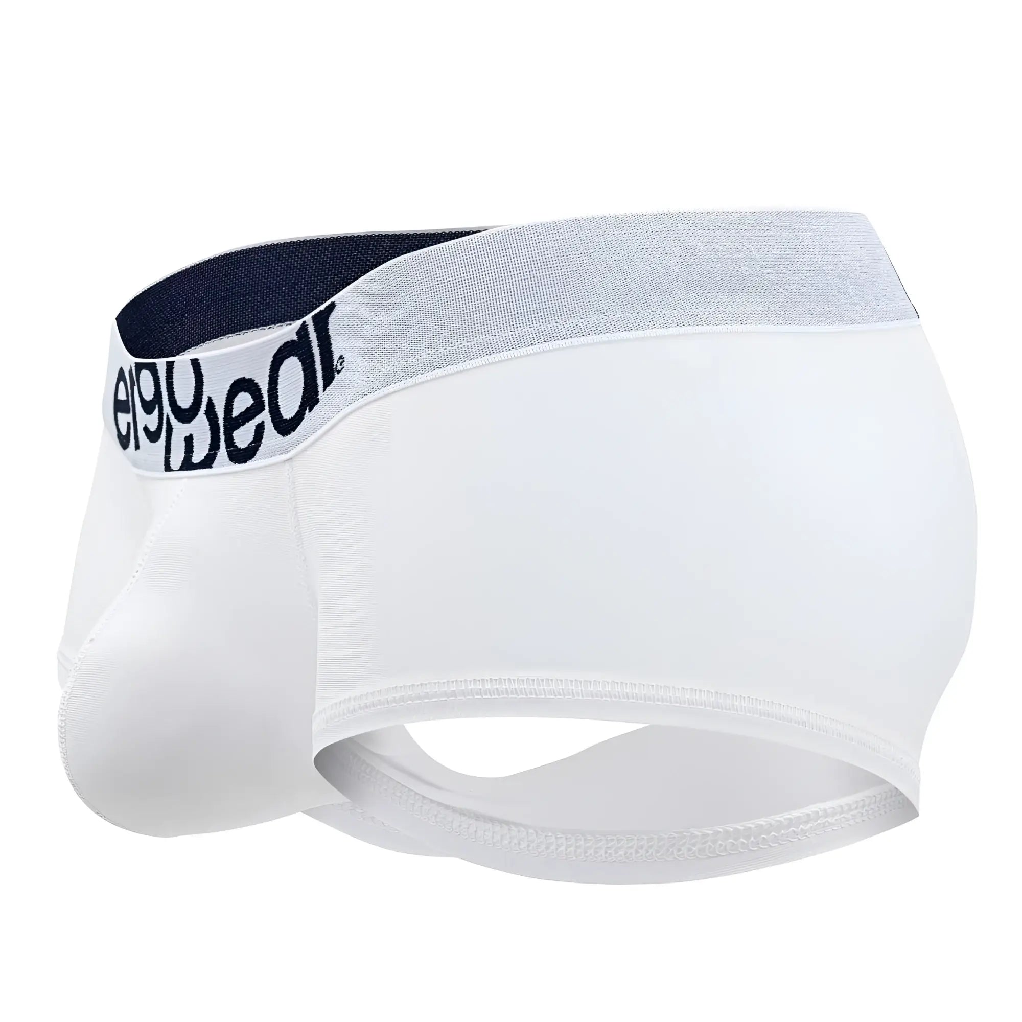 White ergoWear ew1476 max cotton trunks with gray and navy waistband featuring ego wear logo in black text