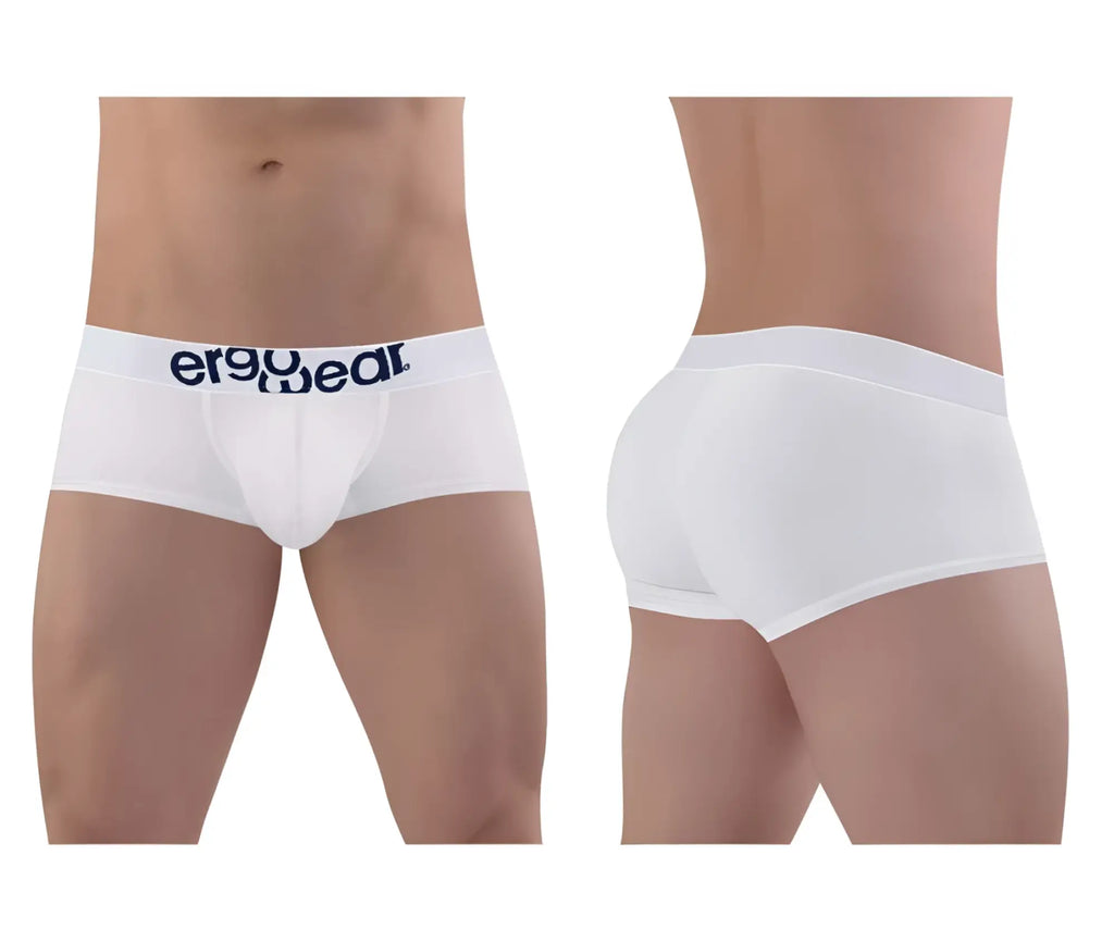 White men’s cotton briefs with navy blue ergo wear logo on waistband from ergo wear ew1476 max cotton trunks