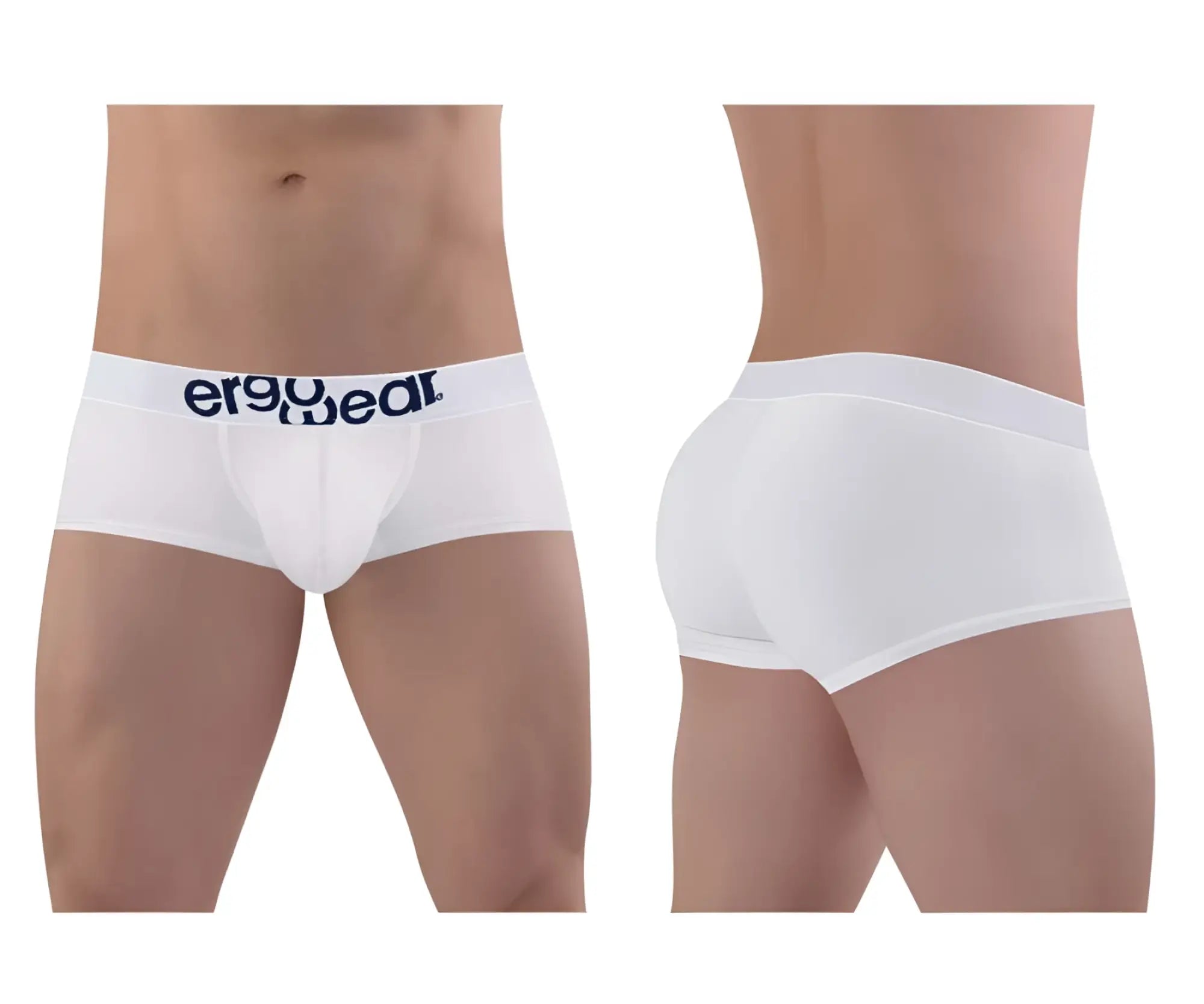 White men’s cotton briefs with navy blue ergo wear logo on waistband from ergo wear ew1476 max cotton trunks