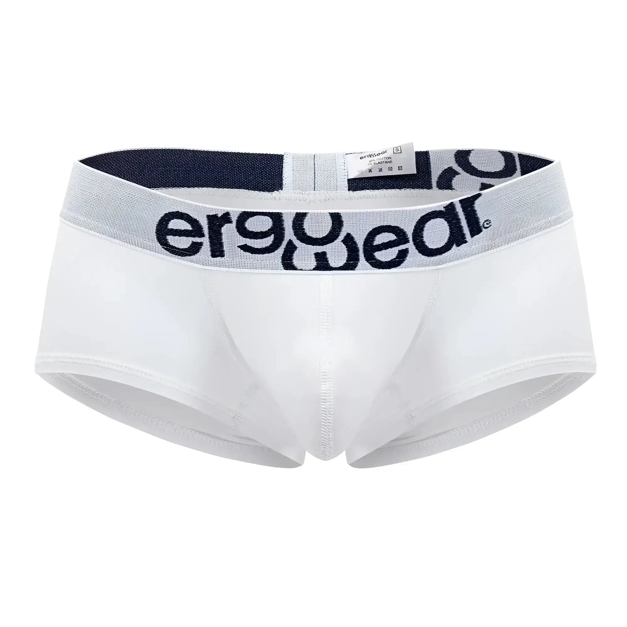 White ergonomic cotton trunks with gray waistband and ergowear logo designed for comfortable daily wear
