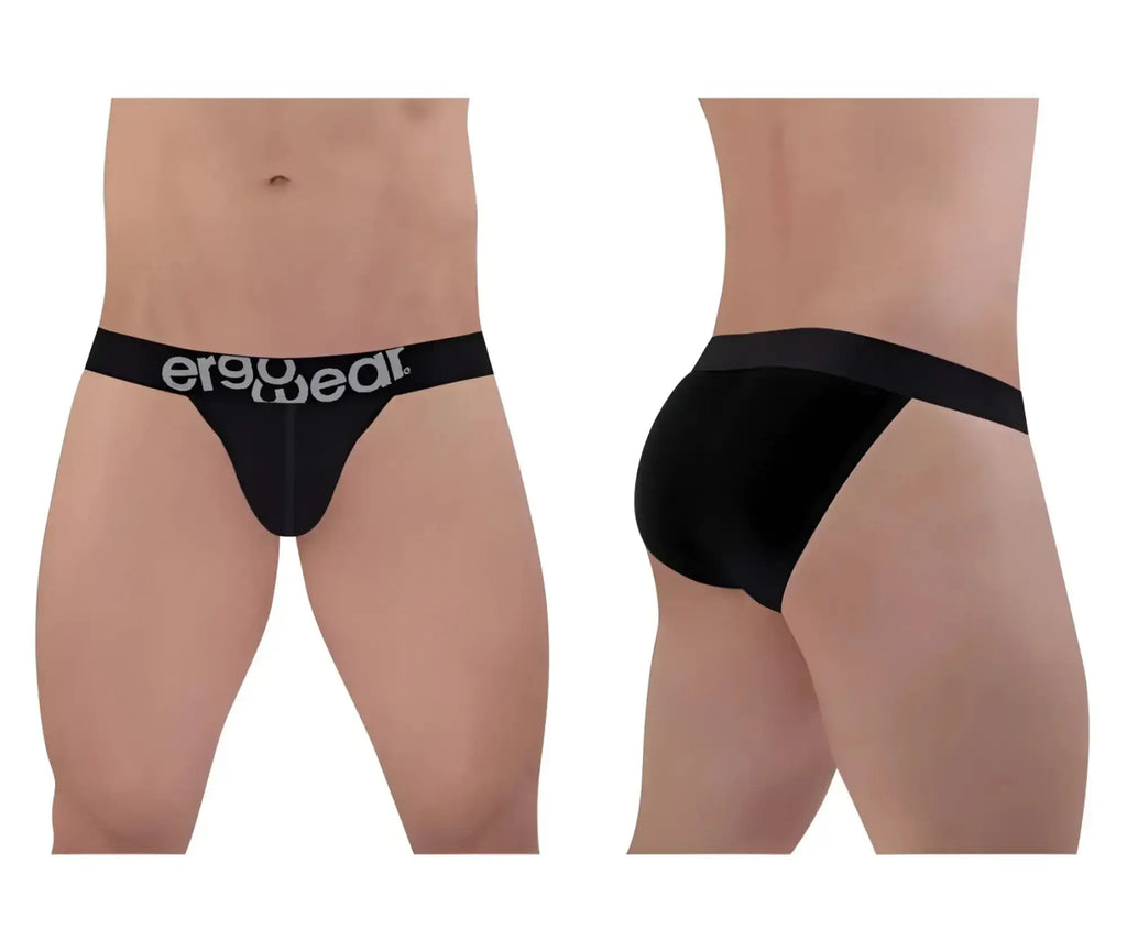 Black ergonomic bikini briefs made of cotton with white ergo gear branding on the waistband by ergowear ew1483 max