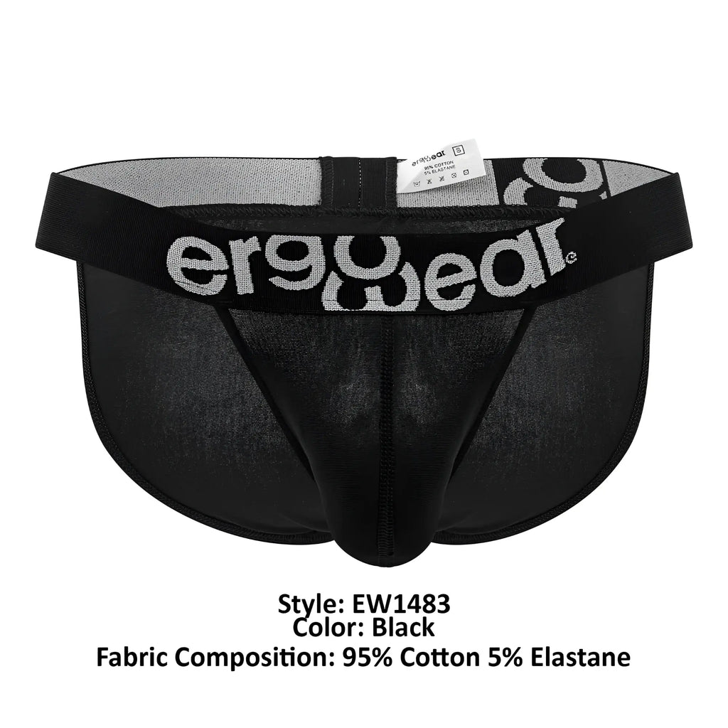 Black ergonomic briefs with gray ergo wear logo on waistband made from 95 cotton and 5 elastane for comfort