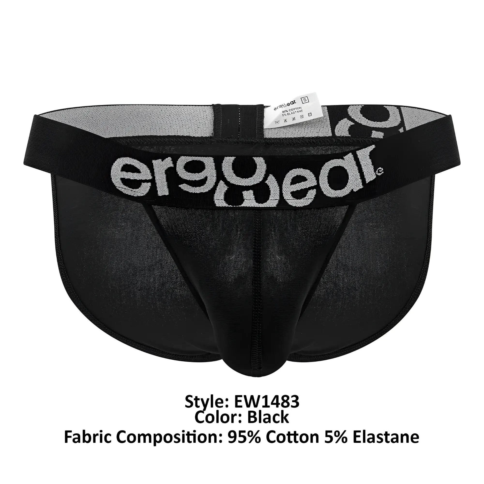 Black ergonomic briefs with gray ergo wear logo on waistband made from 95 cotton and 5 elastane for comfort