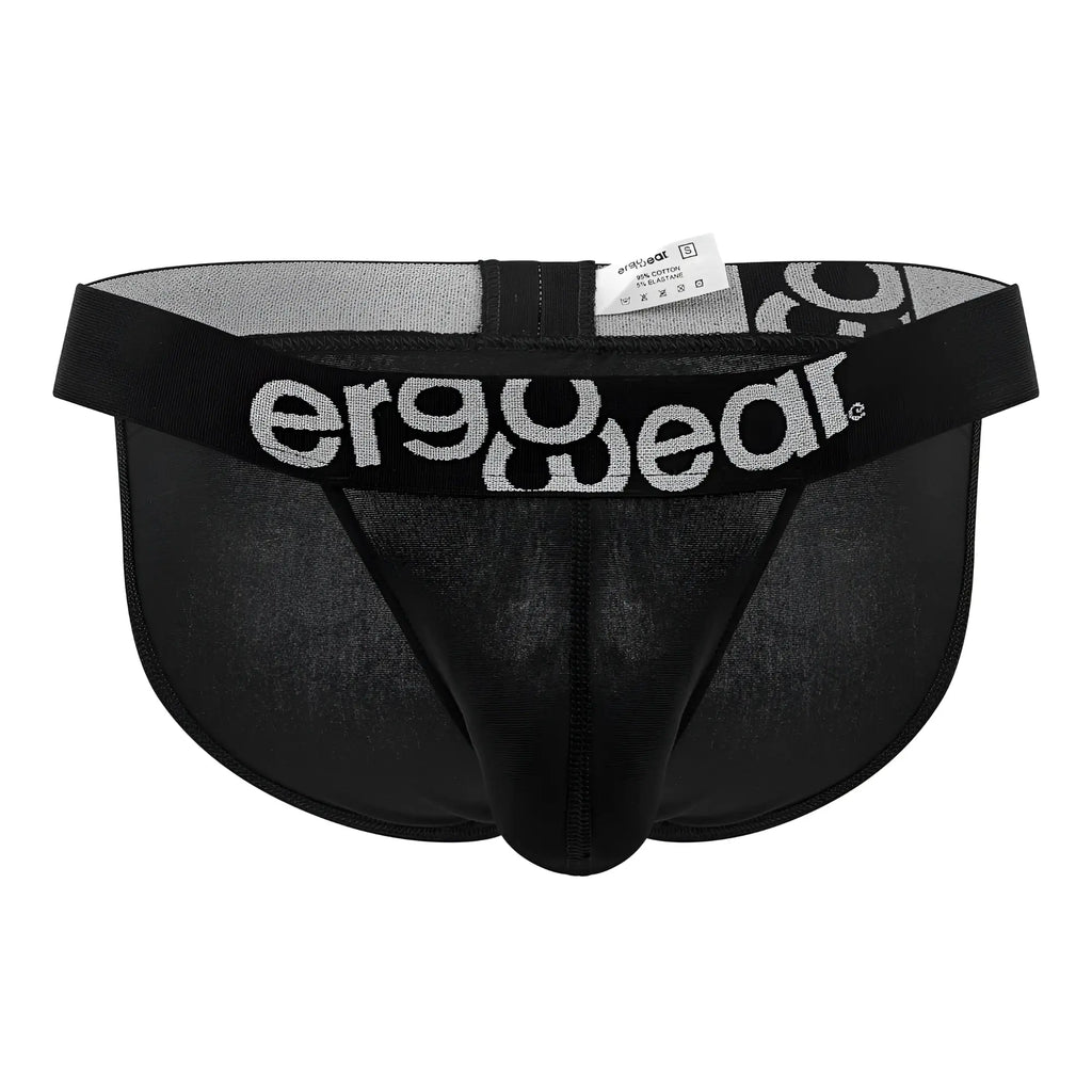 Black ergonomic bikini briefs with gray and white ergo wear logo on waistband made of max cotton for comfort