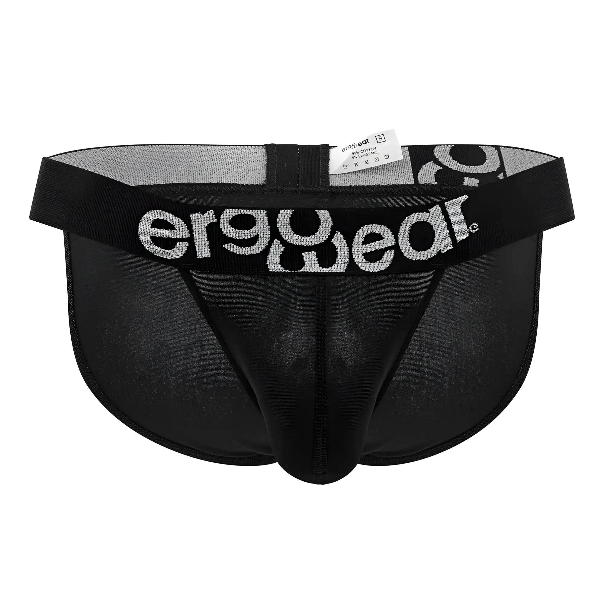 Black ergonomic bikini briefs with gray and white ergo wear logo on waistband made of max cotton for comfort