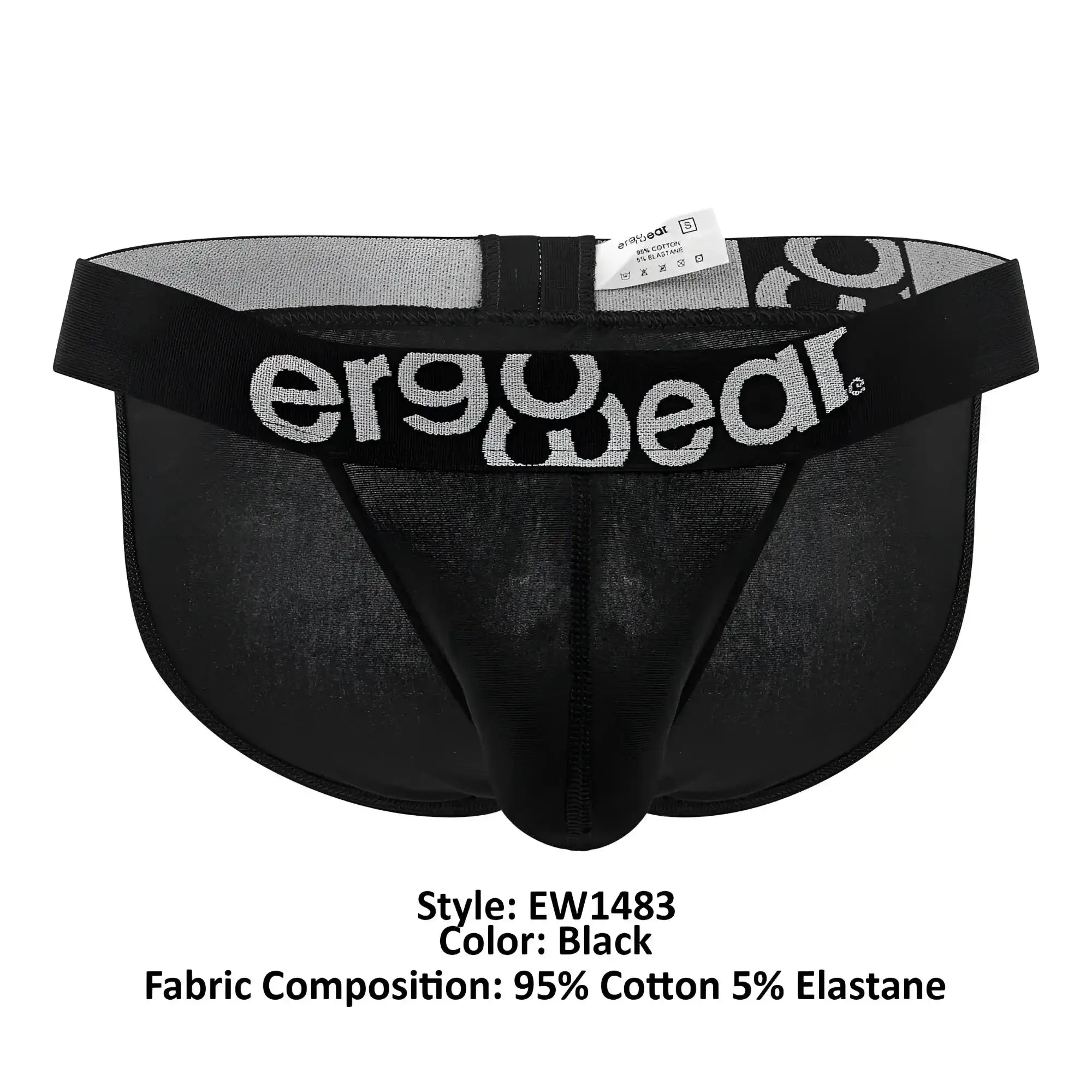 Black ergonomic briefs with gray ergo wear logo on waistband made from 95 cotton and 5 elastane for comfort