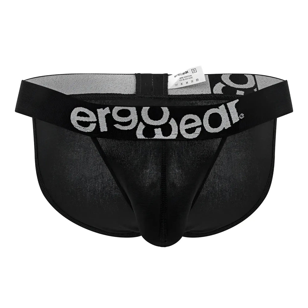 Black ergonomic bikini briefs with gray and white ergo wear logo on waistband made of max cotton for comfort