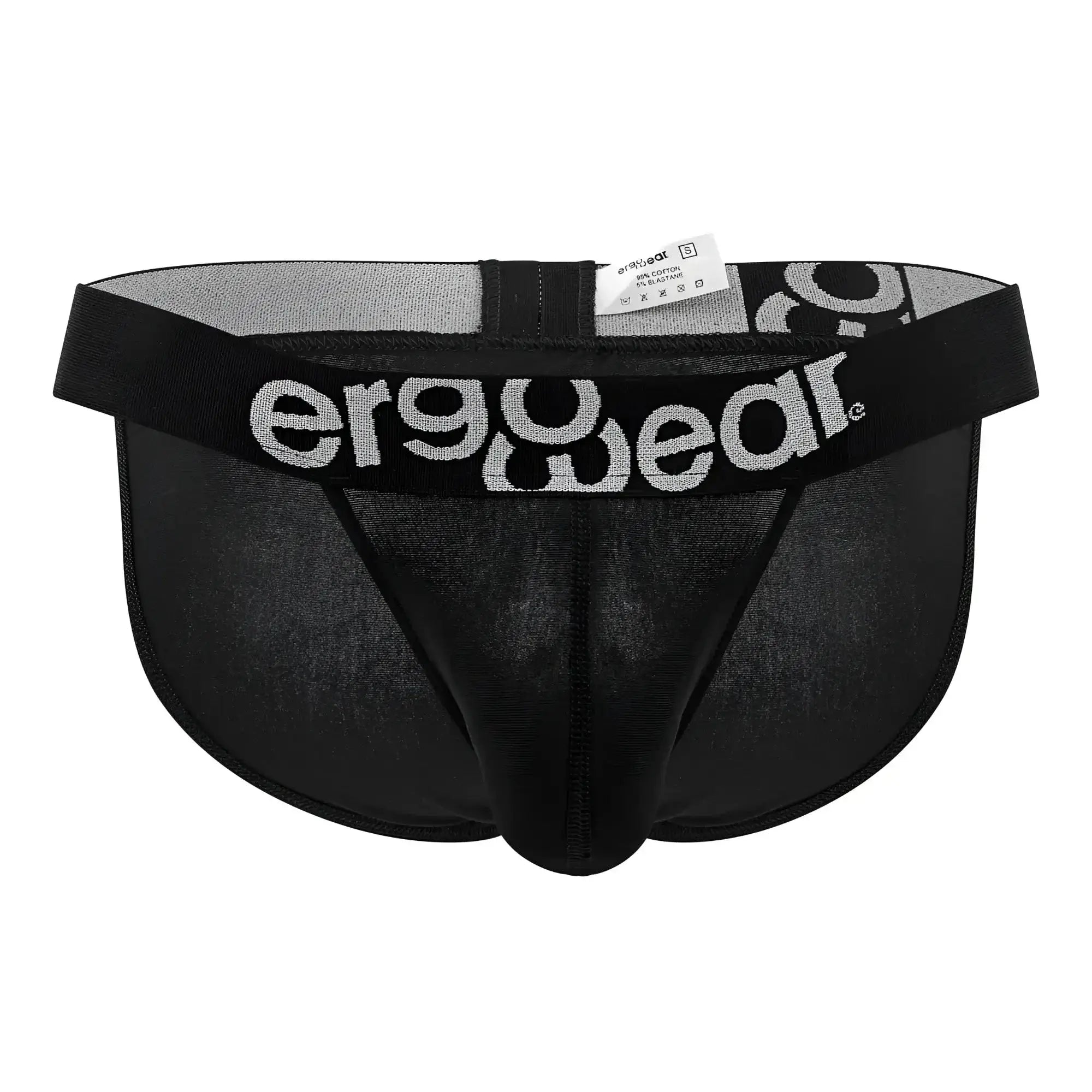 Black ergonomic bikini briefs with gray and white ergo wear logo on waistband made of max cotton for comfort