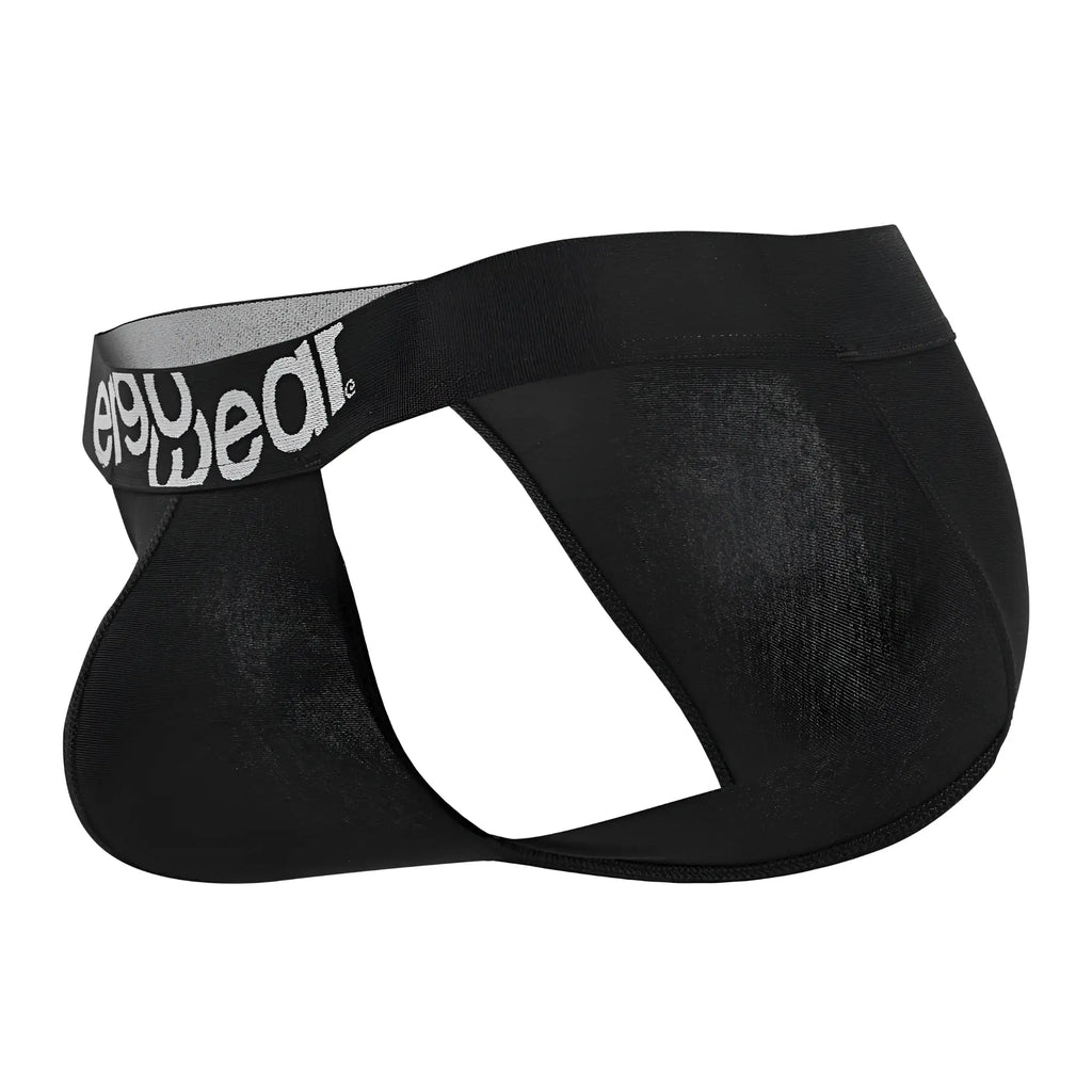 Black men’s briefs ergonomic cotton bikini with gray elastic waistband and e90wear logo in white lettering