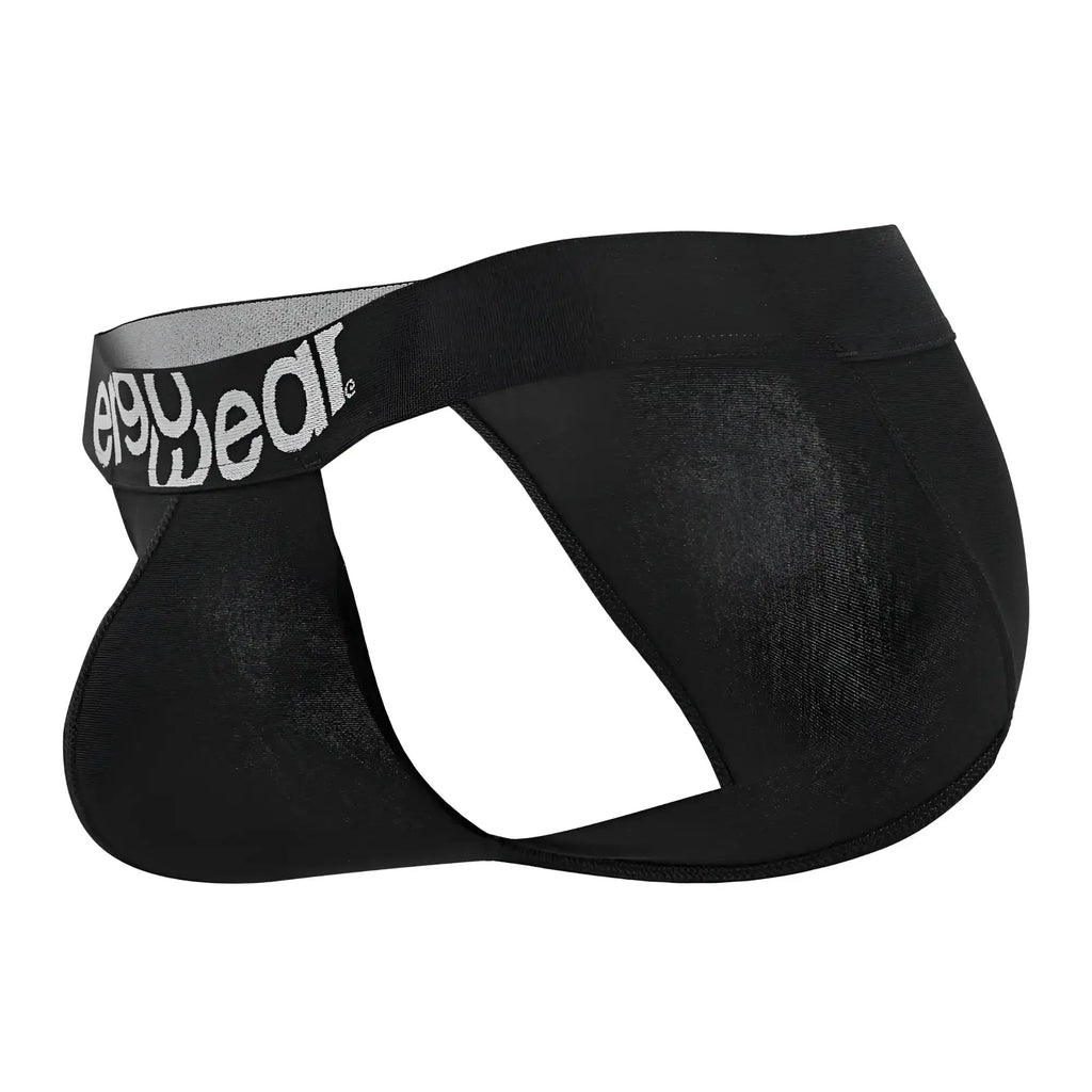 Black men’s briefs ergonomic cotton bikini with gray elastic waistband and e90wear logo in white lettering
