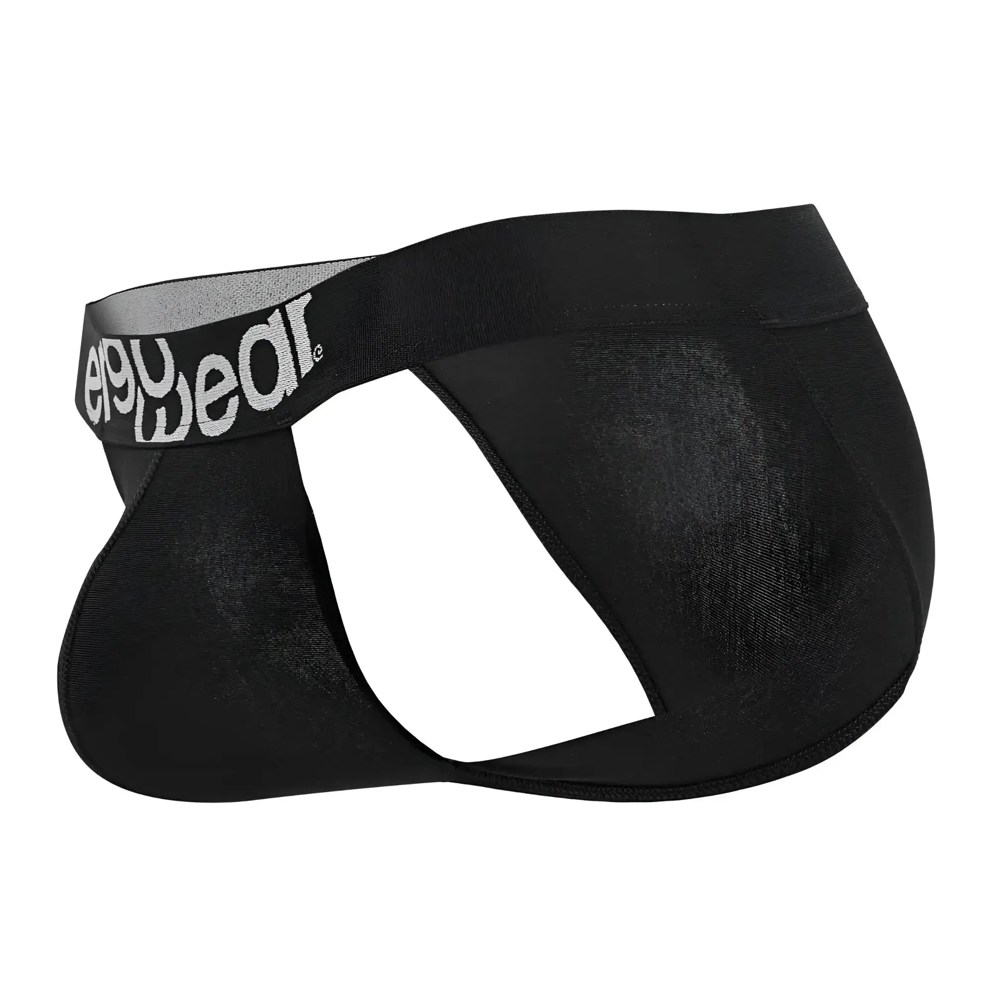 Black men’s briefs ergonomic cotton bikini with gray elastic waistband and e90wear logo in white lettering
