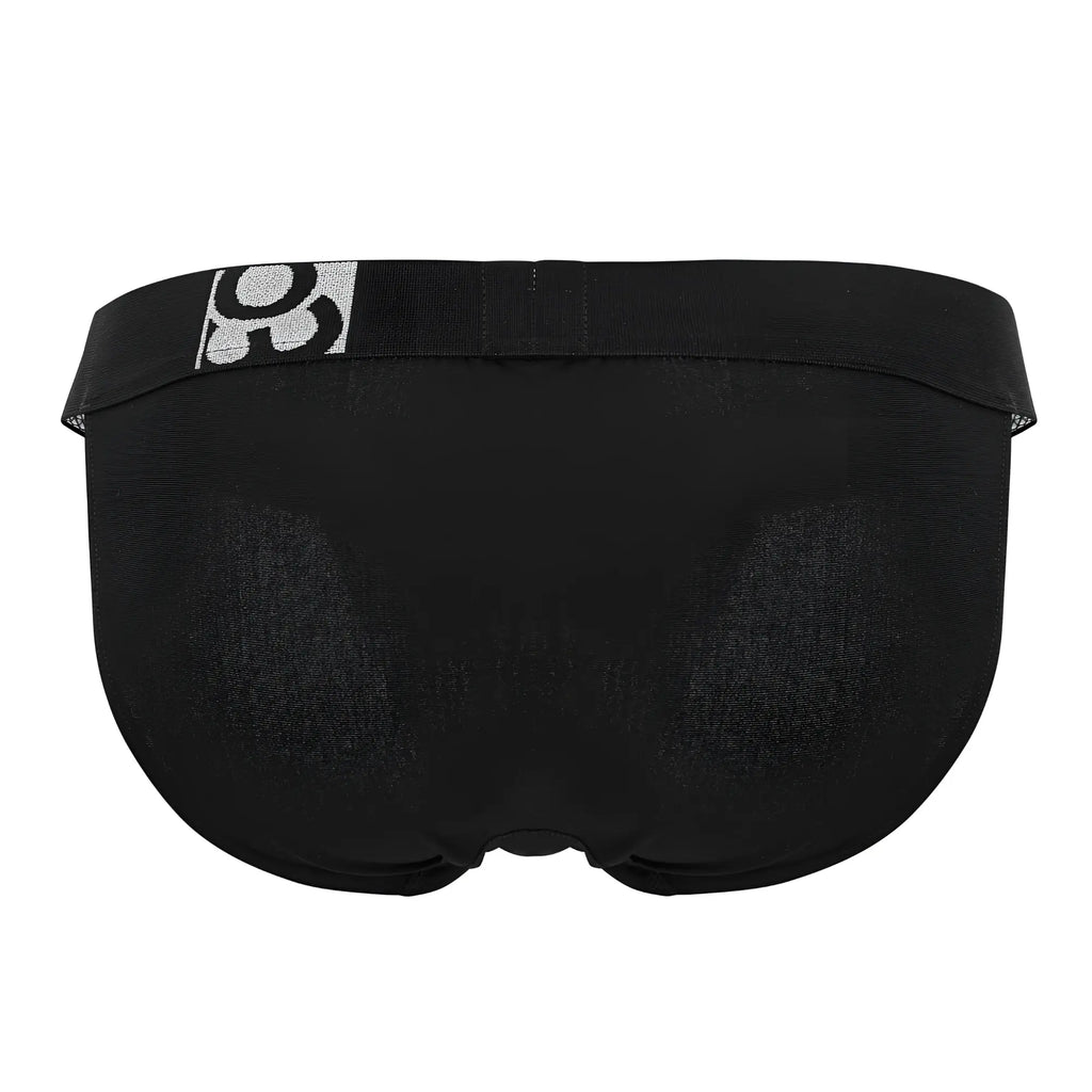 Black ergo wear ew1483 max cotton bikini briefs with silver logo waistband in black color front view