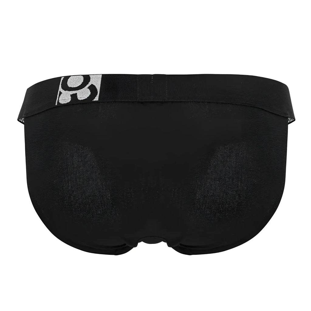 Black ergo wear ew1483 max cotton bikini briefs with silver logo waistband in black color front view