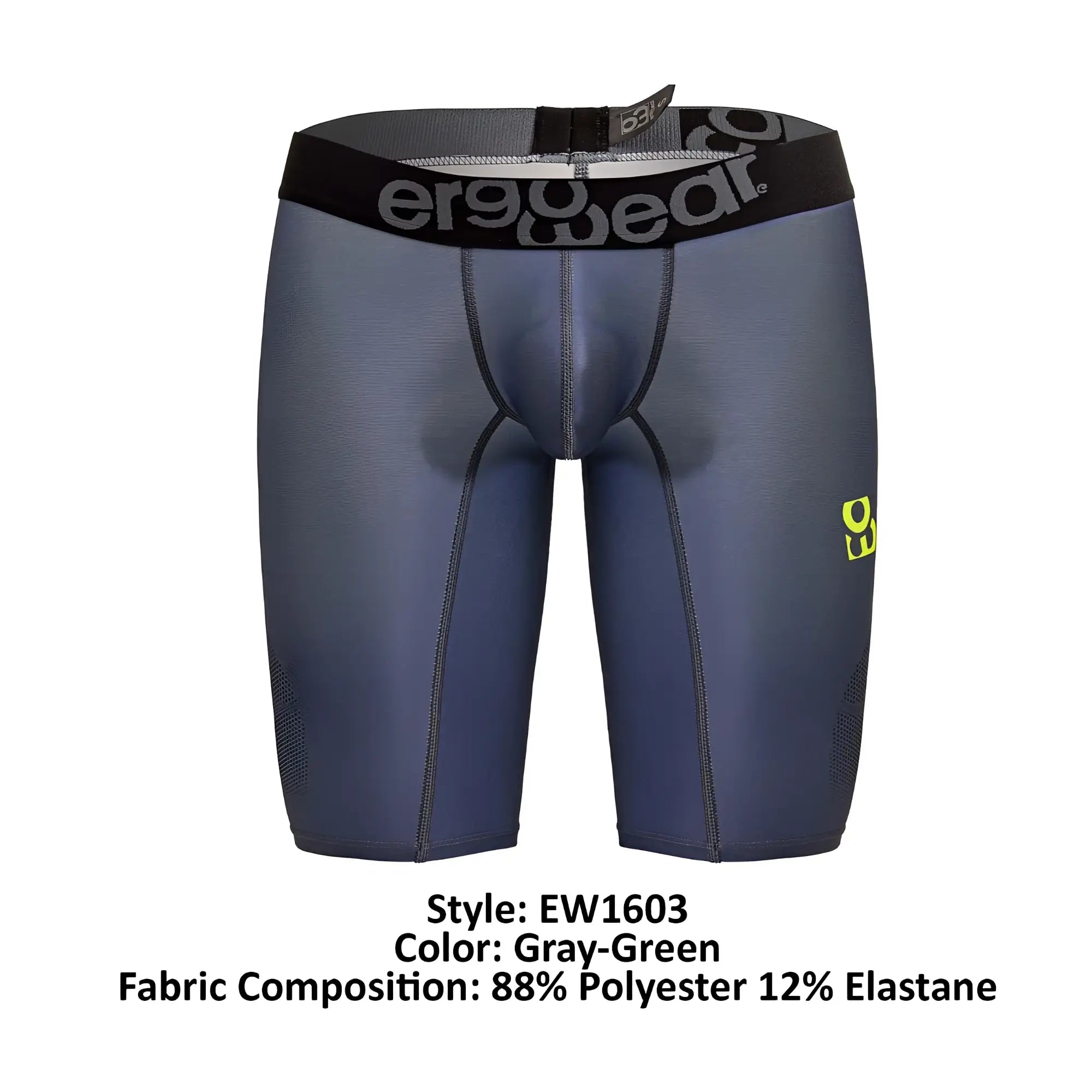 Gray-green ergowear ew1603 compression shorts with black waistband made of 88% polyester 12% elastane for athletic use