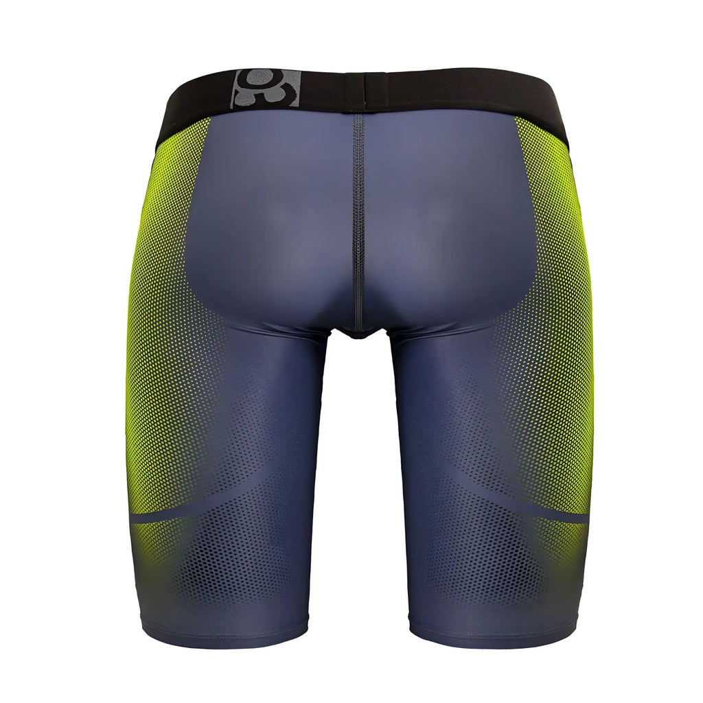 ErgoWear EW1603 MAX SE athletic compression shorts in dark blue neon green gradient with black waistband and 361° logo