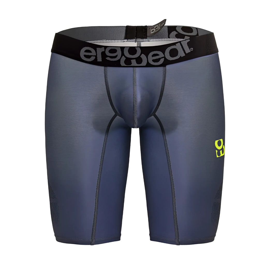 Dark gray ergonomic compression athletic shorts with black ergo wear waistband and neon green side branding