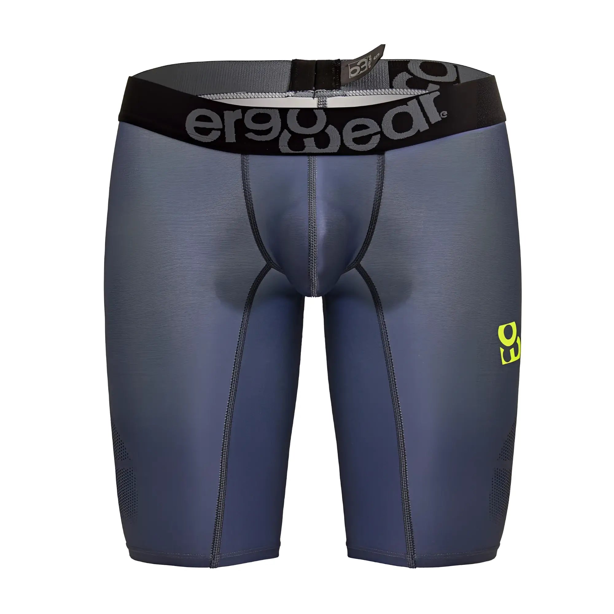 Dark gray ergonomic compression athletic shorts with black ergo wear waistband and neon green side branding