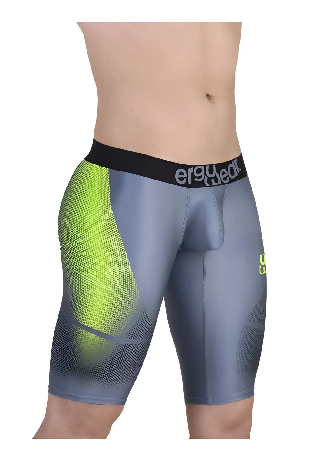Gray and neon green ergo wear ew1603 max se athletic compression shorts with black waistband showing logo front view