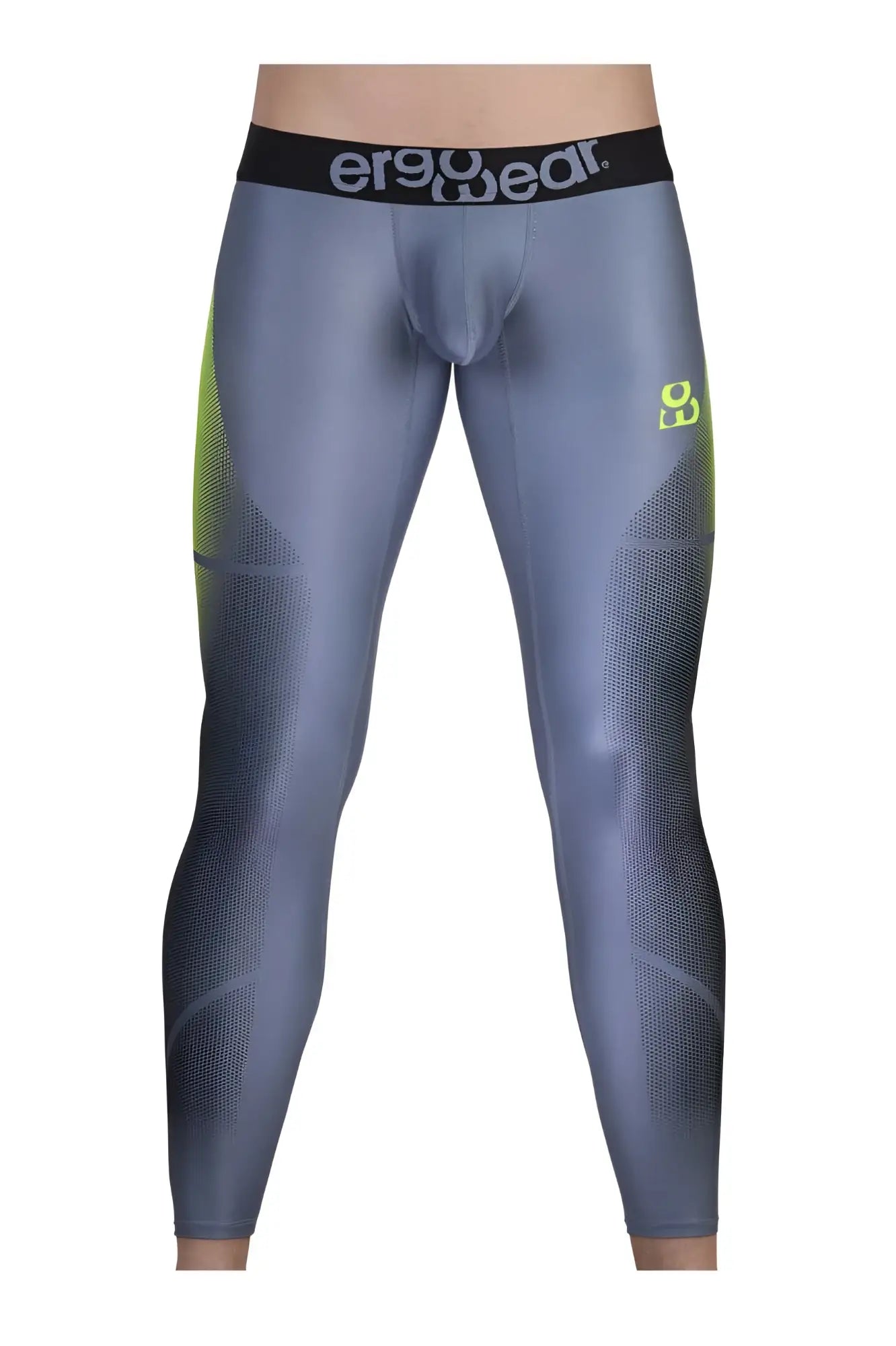 Gray and neon green ergonomic compression leggings with black ergowear waistband for athletic use
