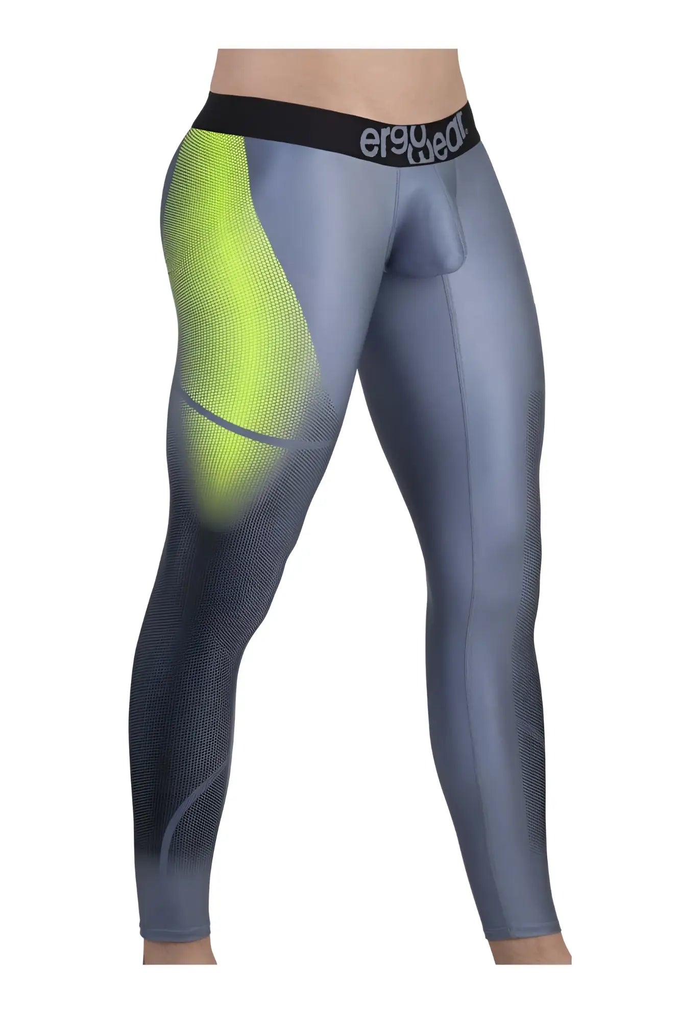 Gray and neon yellow gradient compression leggings with mesh texture and ergo wear logo on waistband in gray-green