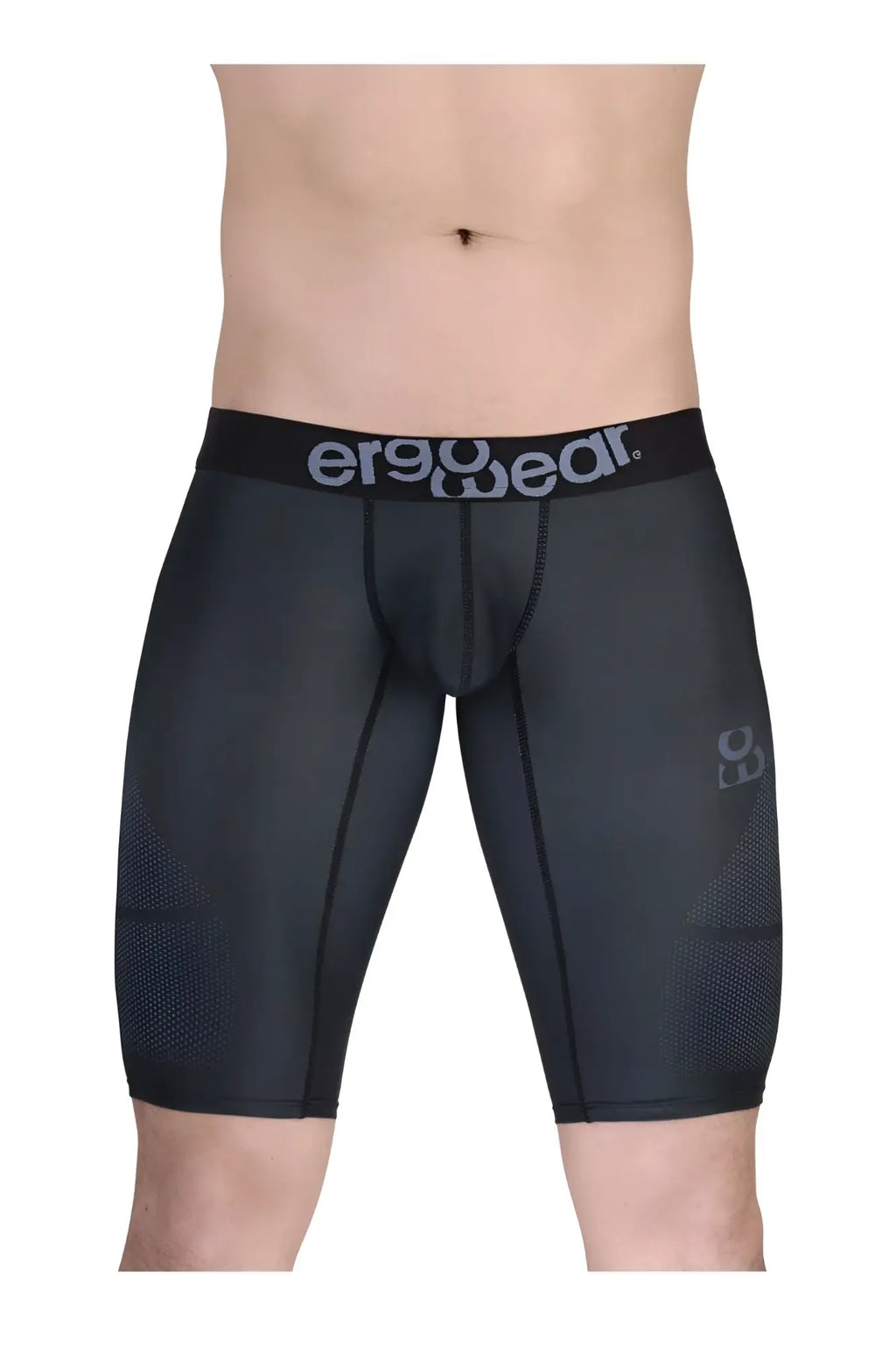 Black ergonomic compression shorts with gray ergo wear waistband and thigh mesh panels for athletic use in dark gray