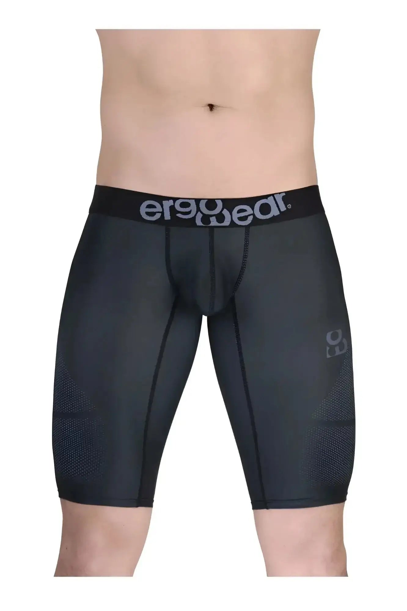 Black ergonomic compression shorts with gray ergo wear waistband and thigh mesh panels for athletic use in dark gray